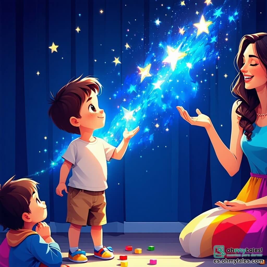 Un niño pequeño de 1 año, llamado Lucas, con grandes ojos curiosos y cabello castaño desordenado, se encuentra en el centro de la escena, con una sonrisa maravillada en su rostro mientras descubre estrellas brillantes proyectadas en la pared. A su lado, la maestra Ana, una mujer de unos 30 años con cabello largo y rizado, lleva un vestido colorido y sonríe cálidamente, enseñando a los niños cómo respirar profundamente. El decorado es un aula acogedora, con paredes pintadas de azul claro, dibujos de niños colgados y una alfombra suave donde los niños están sentados en círculo. Las luces están apagadas y las estrellas centelleantes iluminan suavemente la habitación, creando una atmósfera mágica y tranquilizadora. La situación principal muestra a Lucas y sus amigos, sentados en círculo, respirando juntos para superar su miedo a la oscuridad, maravillados por las estrellas que bailan en las paredes.
