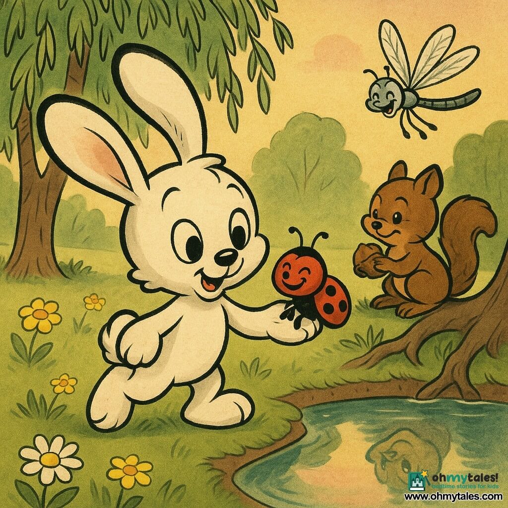 The main character is a small white plush rabbit with soft long ears and bright round eyes, curious and gentle, standing on tiptoe; a smiling red ladybug with black spots rests on its front paw like a quiet guide, a fluffy brown squirrel hides a hazelnut by a trunk on a root to the rabbit's right, a silver dragonfly with sparkling translucent wings hovers above a calm pond; the setting is a sunlit meadow at the edge of a forest with soft green grass, yellow flowers and daisies, a weeping willow to the left and a mirror-like pond reflecting the pink sunset to the right; the rabbit stands beneath the willow, head tilted and ears up, surrounded by friends and gazing dreamily at its reflection, creating a serene, hopeful atmosphere.