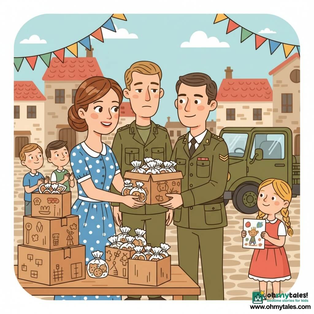 An emotional but smiling woman, Clara, with dark hair in a bun wearing a blue polka-dot dress, offers a large child-decorated box of packaged cookies to Captain Liam, a serious but kind olive-uniformed officer standing by a small military truck, while Oliver, her returned soldier brother in a khaki uniform, watches tenderly from slightly behind and a 7-year-old girl, Emma, in a red dress holding a colorful drawing stands near a table piled with painted boxes on the village square with stone houses, red roofs, wooden benches and colorful banners; children applaud and the scene feels warm and hopeful despite the military presence.