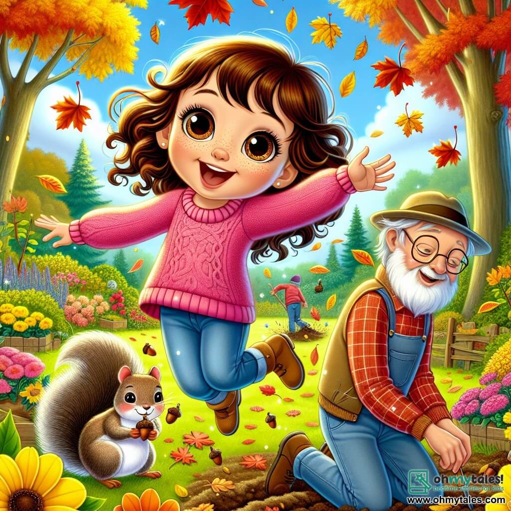 A 6-year-old girl named Lily, with big sparkling brown eyes and curly brown hair, is wearing a pink sweater and jeans. She is joyfully dancing in her garden, surrounded by colorful autumn leaves swirling around her, a big smile lighting up her face. Nearby, a small gray squirrel with a bushy tail is picking up acorns from the ground, watching Lily with an amused expression. Further away, an elderly man, Mr. Thompson, about 70 years old, with a white beard and a gardener's hat, is planting young trees, carefully bending down to dig the soil. The garden is filled with bright yellow flowers and tall trees with red and golden leaves, under a clear blue sky dotted with white clouds. The main scene shows Lily dancing with autumn leaves around her, while the squirrel and Mr. Thompson are busy in the garden, creating a joyful and magical autumn atmosphere.