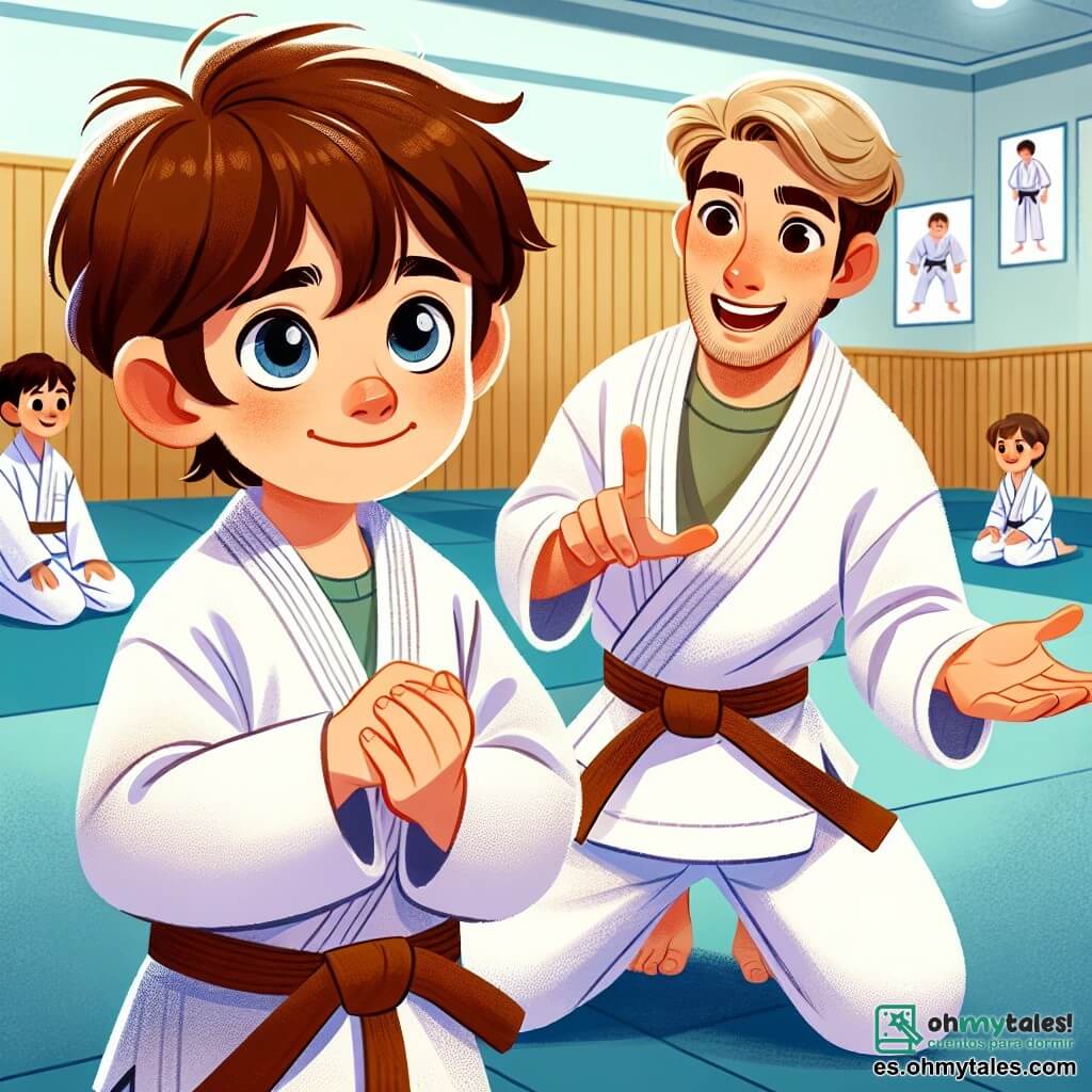 Un niño de 10 años, llamado Mateo, está en el centro de la imagen, con un gi de judo blanco, una sonrisa tímida pero decidida en su rostro. Tiene el cabello castaño desordenado y ojos brillantes de curiosidad. Mateo está en posición de combate, listo para ejecutar una técnica de judo, con las manos firmemente posicionadas. A su derecha, Lucas, otro niño de 10 años, muestra una técnica con entusiasmo. Tiene el cabello rubio y una gran confianza en su sonrisa, también lleva un gi de judo. Lucas se inclina ligeramente hacia adelante, gesticulando para explicar a Mateo. Al fondo, un dojo luminoso con paredes de madera clara y tatamis azules, donde otros niños entrenan, creando una atmósfera dinámica y alegre. La escena representa el momento en que Mateo y Lucas se preparan para enfrentar un desafío en un torneo de judo, capturando la emoción y el espíritu de equipo que los une.