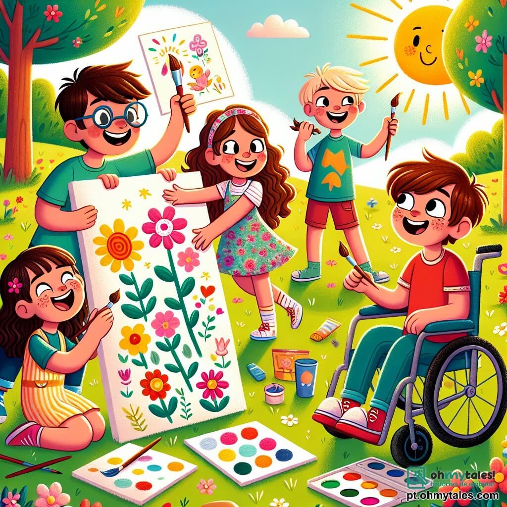 Em um parque ensolarado, quatro crianças se reúnem para celebrar a primavera. Pedro, um menino de nove anos com cabelo castanho e óculos, sorri alegremente segurando uma grande folha de papel onde pinta uma árvore colorida. Sofia, uma menina de nove anos com cabelos longos e cacheados, usa um vestido florido e segura um pincel, pronta para adicionar flores à tela. João, um menino de nove anos com cabelo loiro e uma camiseta vermelha, está sentado na grama, rindo enquanto mostra um desenho de sol sorridente que acabou de terminar. Lucas, um menino de nove anos com cabelo castanho e uma cadeira de rodas, sorri segurando uma paleta de tinta, incentivando seus amigos a continuar a obra. O parque está cheio de flores coloridas, árvores verdes e um céu azul brilhante, criando uma atmosfera alegre e vibrante. As crianças estão pintando um grande mural de primavera, celebrando a beleza da natureza e sua amizade, com risadas e vozes que ecoam no ar fresco e perfumado.