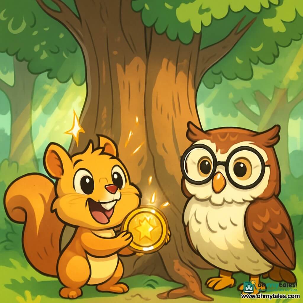 A little squirrel named Nutmeg, with golden-brown fur and a bushy tail, expresses great excitement with his sparkling eyes and wide smile. He stands in front of a massive oak tree with gnarled roots, holding a sparkling golden medal in his tiny paws. Beside him, a wise owl named Willow, with white and brown feathers and large round glasses, looks at Nutmeg with pride, her eyes shining with wisdom. The setting is a sunny glade surrounded by majestic trees, with rays of light filtering through the green leaves. Nutmeg, with a racing heart, has just discovered a hidden treasure beneath the roots of the great oak, ready to share his adventure with his friends.