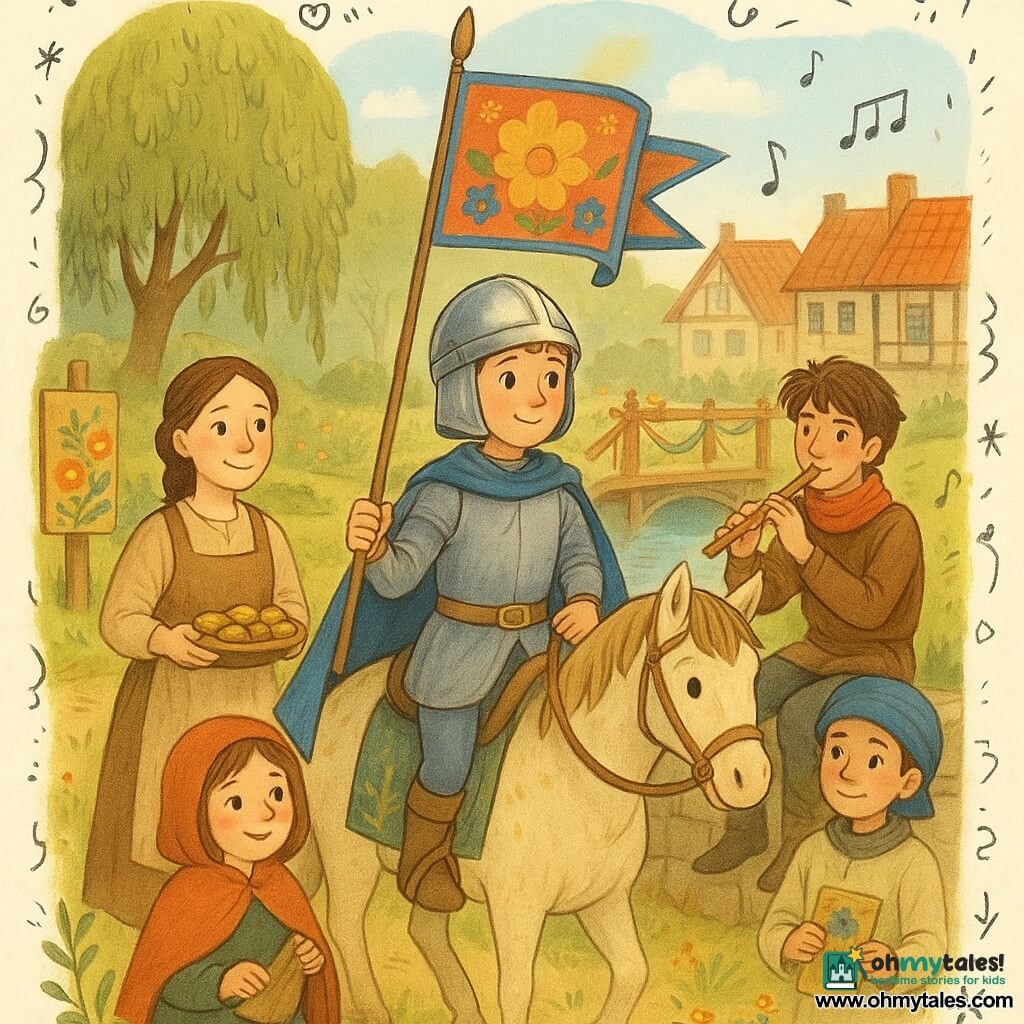 Sir Rowan, a small graceful young knight with a gleaming helmet, gentle smiling face and determined eyes, holds the colorful Memory Banner in one hand and lifts his cloak painted with trees with the other while standing on a cream palfrey. Mina, a potter in her 30s with braided hair and a clay-stained apron, offers biscuits on a tray and smiles from the left beside a wooden sign painted with flowers. Tomas, a messy-haired teenage flutist with a red scarf, sits on a low stone wall to the right playing flute with musical-note doodles floating around him. Alin, a shy 14-year-old apprentice wearing a turban with a small blue patch, stands near a newly built bridge holding a decorated plank, proud and bashful. A willow child, an about-8-year-old girl in a simple coat with rosy cheeks, grips the banner’s lower edge and smiles beside a weeping willow. Setting: a bright medieval riverside village with white half-timbered houses and red tile roofs, a large willow, a new wooden bridge decorated with ribbons and colorful clay pieces, hanging lanterns and wildflowers in the foreground. Main scene: a spring parade begins with the banner leading a joyful procession of villagers; warm colors, golden morning light, kind expressions, fluid movement, visible textile motifs (stars, flowers, blue patch) and textures (wood, fabric, clay), with small doodle overlays (music notes, stars, leaves) to enhance the childlike atmosphere.