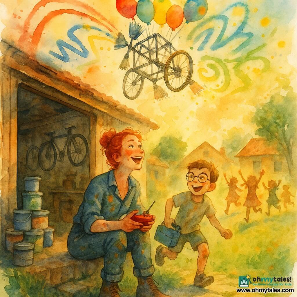 A thirty-year-old female inventor with red hair in a messy bun, a paint-speckled face and a delighted smile holds a red controller and looks at the sky; she wears a rolled-up denim smock and paint-stained boots. A ten-year-old boy with short brown hair and round glasses stands slightly behind her to the left, holding a small blue toolbox, laughing and ready to run, with paint splatters on his knees. In the background, several village children (ages 6–9) run and dance with raised hands, joyful faces and colorful distant silhouettes. Setting: a rustic wooden workshop open onto a small grassy garden with uneven cobbles, stacked paint pots, bicycles on the wall, low brick houses and green trees; warm golden late-afternoon light. Main scene: a makeshift machine (metal frame, visible bicycle wheels, fan of attached brushes) lifted by multicolored balloons floats above the workshop, projecting vivid paint strokes—red arcs, blue streaks, green swirls and yellow splashes—forming cheerful, slightly messy sky patterns with watercolor splashes around the brushes to emphasize motion. Style: soft watercolor, visible paper texture, saturated translucent colors, light outlines and deliberate paint spots.