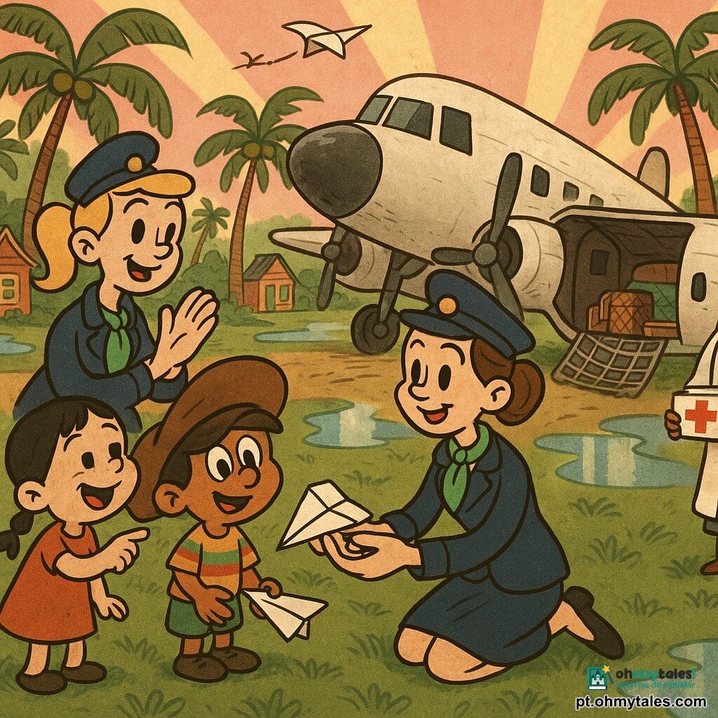 Piloto mulher ~30 anos, cabelo castanho em coque, rosto suave e sorridente, uniforme azul-marinho com lenço verde, ajoelhada na relva mostrando como dobrar um avião de papel; copiloto mulher ~28 anos, cabelo loiro em rabo de cavalo, uniforme semelhante, em pé ao lado, sorrindo e aplaudindo, olhar cúmplice para as crianças; médica mulher ~40 anos, pele morena, bata branca, segurando uma caixa com curativos e remédios perto do avião, observando com gratidão; menino ~7 anos, chapéu grande cobrindo os olhos, t-shirt colorida, segurando o avião de papel reparado, rosto maravilhado; menina ~5 anos, vestido simples e duas tranças, rindo e apontando o avião que voa, ao lado do menino; pequeno avião cargueiro branco numa pista de terra, ligeiramente gasto, portas abertas com caixas e cobertores visíveis e rede de carga ainda presa; paisagem de ilha tropical pós-chuva: relva verde molhada, poças brilhantes, casas de madeira coloridas ao fundo, palmeiras, céu parcialmente rosa com nuvens e raios dourados; ambiente visual acolhedor e tranquilizador, cores quentes e saturadas, contornos espessos e flexíveis estilo rubber hose, texturas de papel e tecido, expressões exageradas mas suaves, composição centrada no encontro entre a piloto e as crianças.