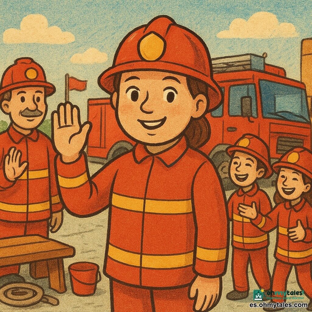 Ana, bombera en el centro, sonriente y valiente, rostro redondo y ojos brillantes, uniforme rojo limpio y casco reluciente levantando una mano en señal; a la izquierda el jefe de bomberos, hombre de unos cincuenta con bigote y mirada cálida, haciendo otra señal; a la derecha dos jóvenes colegas riendo e imitando los gestos; en el patio de la estación, suelo de hormigón claro, gran camión de bomberos rojo al fondo, banderas, cubo y manguera enrollada, banco de madera en primer plano; día soleado con luz dorada y pequeñas nubes, ambiente alegre y animado, gestos claros, colores vivos y contrastados, estilo sencillo y amigable con trazos suaves tipo impresión en periódico.
