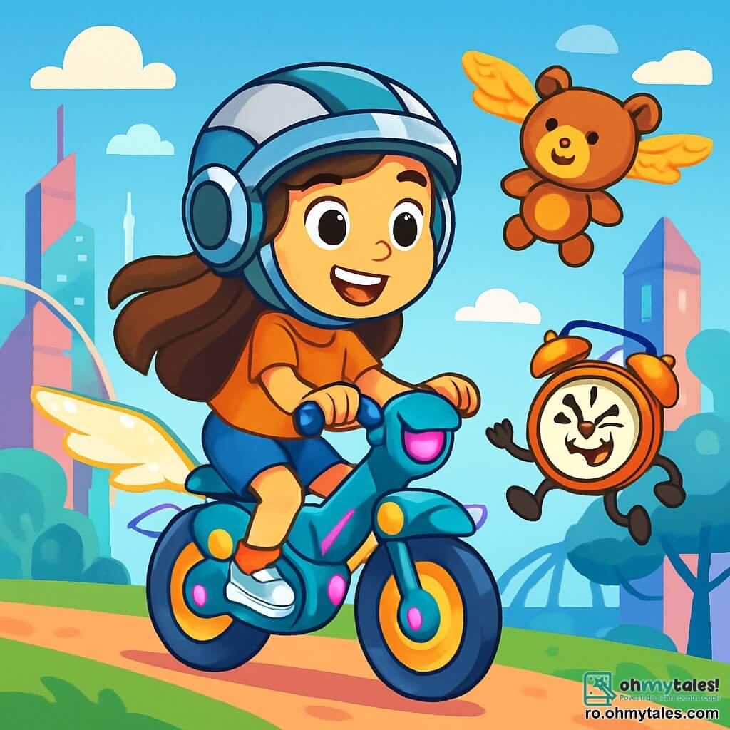 O fetiță de 8 ani, cu părul lung castaniu și ochi strălucitori de curiozitate, poartă o cască futuristă și un zâmbet uimit. Ea pedalează pe bicicleta-robot, care are aripi mici strălucitoare și lumini intermitente. Lângă ea, Puf, un urs de pluș moale și pufoasă, se transformă într-o mică dronă, plutind vesel deasupra ei. Tic-Tac, un ceas deșteptător mic cu brațe și picioare, face grimase în timp ce îi spune glume. Peisajul este un oraș futurist, cu clădiri plutitoare din sticlă colorată, copaci din metal strălucitor și un cer albastru plin de nori în formă de bomboane. În depărtare, un pod care se învârte ca un șarpe leagă două turnuri strălucitoare. Situația principală o arată pe Luna, plină de entuziasm, pe drum spre Laboratorul Spiridușilor Digitali, pregătită să descopere minunile Oglinda-Ghid, înconjurată de o atmosferă magică și luminoasă.