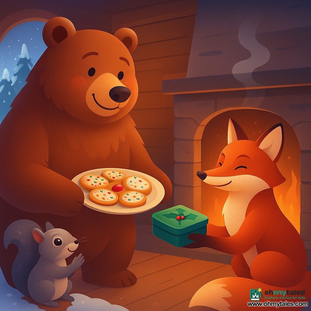 Bramwell, a large fluffy brown bear with gentle eyes and a slight blush, delicately holds a plate of sugar-decorated cookies topped with a red berry as Mrs. Fox, an elegant red fox with silky fur seated by a warm fire and smiling gratefully, offers a small holly-painted tin box; Pip, a lively gray squirrel with snow-dusted whiskers, stands on a stump applauding; the cozy wooden den shows a frosted window with soft yellow light, a smoking chimney, wooden floor, sparkling snow and snow-covered firs outside—a centered Christmas sharing moment with contrasting cold snow and warm hearth, rich colors (warm browns, bright red, pearly white), soft ambient lighting and crisp textures (fur, wood, painted metal).