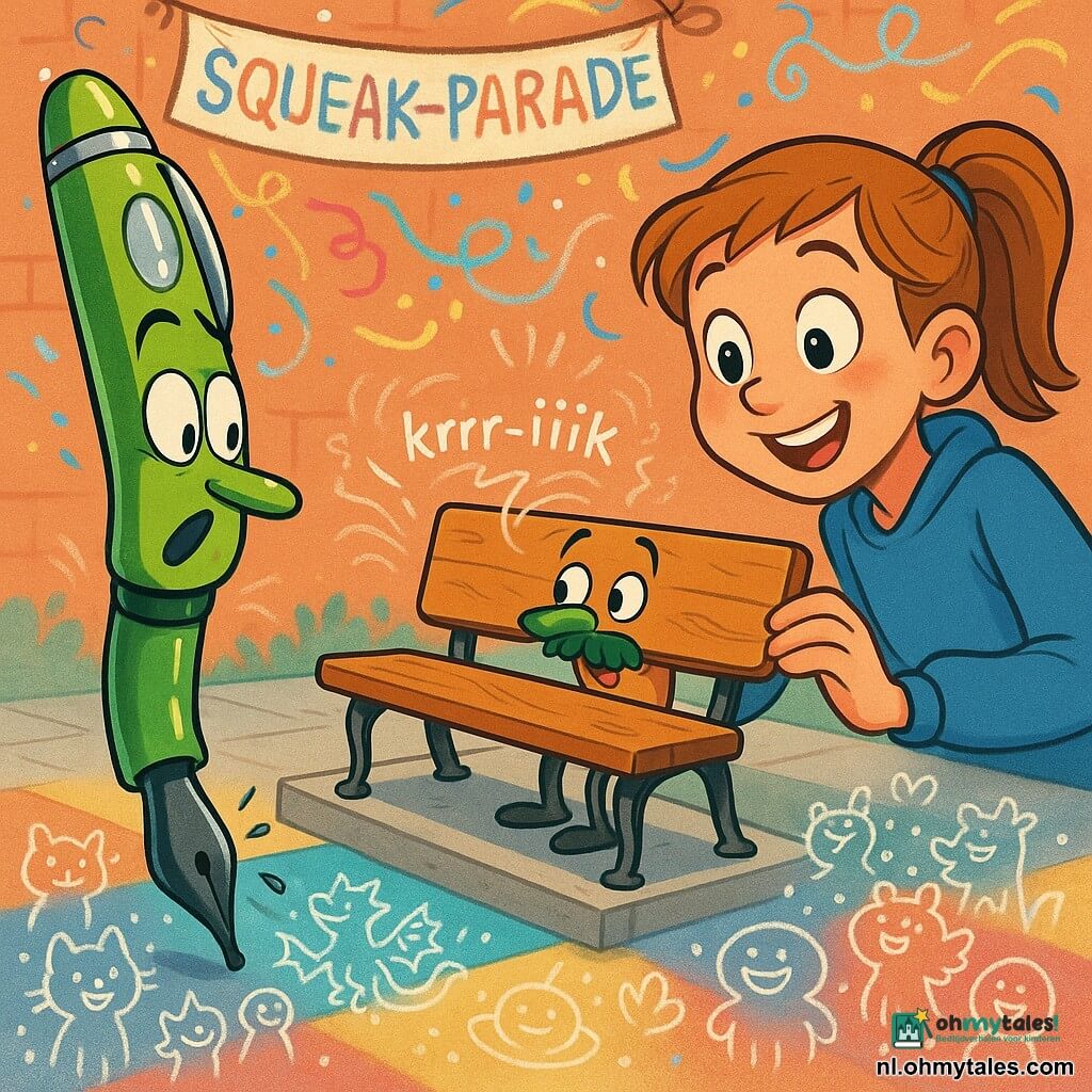 Flip, een felgroene vulpen met een dikke zwarte punt en een glanzend dopje met een klein spiegeltje, kijkt enthousiast en geconcentreerd; hij wiebelt op de rand van de hoes en steekt zijn penpunt vooruit met kleine inktdruppels zichtbaar. Noor, een meisje van 10–12 jaar met lichtbruin haar in een staart, draagt een blauw sweatshirt en houdt Flip in haar hand; ze glimlacht met grote ogen en leunt als een verwonderde toeschouwer. Oom Plank, een antropomorf houten bankje met een klein mosbaardje en ijzeren pootjes, lijkt nerveus en dan trots; hij staat op een stoeppodium en klapt zijn zitting open met een groot “krrr-iiik”. Rondom vormen kleine krijtfiguurtjes—katten, pannenkoeken en mini-draken—een kleurig publiek met dikke witte contouren dat licht boven de tegels zweeft en applaudisseert. Het is een patio met grote, veelkleurige krijttegels (citroengeel, koraal, oceaanblauw), geanimeerde krijtpatronen, een hangend bord “SQUEAK-PARADE” in kinderletters en een slinger van krijtconfetti die door de lucht draait. Situatie: komische paradescène—Flip luistert aandachtig naar Oom Plank, Noor moedigt aan, het bankje geeft een muzikale krak die zichtbaar is als geluidsgolven en het hele patio juicht in wolken van krijtstof.