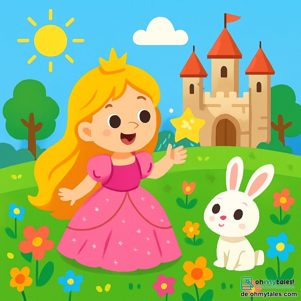 Eine fröhliche Prinzessin mit langen goldenen Haaren und einem glitzernden rosa Kleid steht inmitten eines großen Feldes mit bunten Blumen. Ihre Augen strahlen vor Staunen, während sie einen kleinen leuchtenden Stern streichelt, der vor ihr schwebt. Neben ihr schaut ein kleiner weißer Hase mit großen Ohren, neugierig und freundlich, mit großen Augen zu. Im Hintergrund erhebt sich ein majestätisches Steinschloss, umgeben von grünen Bäumen und blauem Himmel, unter der strahlenden Sonne. Die Prinzessin entdeckt die Magie des Sterns, und die Blumen tanzen um sie herum, was eine verzauberte und fröhliche Atmosphäre schafft.