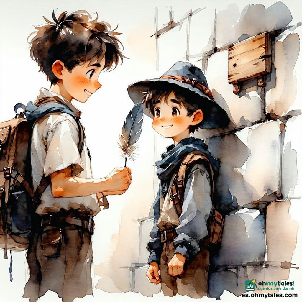Un chico de 12 años, rostro redondo, pelo castaño despeinado, mirada decidida y algo aliviada, sostiene con delicadeza una pluma gris en la mano derecha y mira tímidamente el nido mural sonriendo; un hombre adulto, el Caballero del Eco, alto y delgado, con capa gris ondeante y sombrero retirado, de expresión contrita y amable, coloca con cuidado el nido mural de madera contra la pared de piedra del ayuntamiento junto al chico; un pajarito mural tipo cucco, cuerpo redondo, pico corto y plumaje beige con mancha gris, asoma medio sorprendido pero sereno desde la nidada que sostiene el hombre; al fondo doña Brígida, de unos 70 años, cabello blanco en moño y gafas redondas, observa con sonrisa benevolente desde una ventana; plaza del pueblo con adoquines húmedos, faroles de hierro forjado de luz cálida, muros de piedra ocres y una marca cuadrada pálida en la fachada donde va el nido; cielo nocturno violeta profundo con luna pálida; escena de restitución del nido, calma y solemne, luz suave y contrastada, gestos lentos y respetuosos, atmósfera ligeramente misteriosa pero reconfortante; estilo: trazos de tinta negra fluidos, lavados grises y ocres, textura de papel rugoso, contrastes de claro y sombra, composición centrada en los tres personajes y el nido.