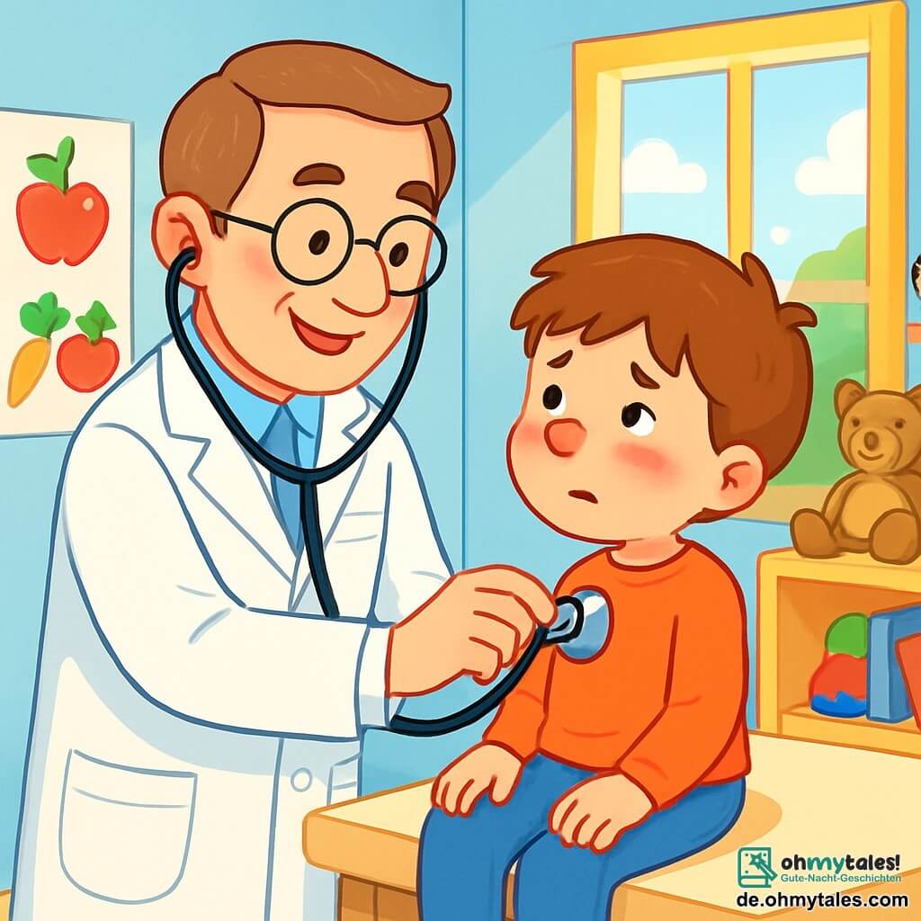 Ein Mann, Dr. Braun, steht in seinem kleinen Untersuchungsraum, gekleidet in strahlendes Weiß und mit einem Stethoskop um den Hals. Sein Gesicht ist lächelnd und warmherzig, mit funkelnden Augen voller Wohlwollen. Er untersucht einen kleinen Jungen, Max, der etwa 7 Jahre alt ist, mit roten Wangen und einer laufenden Nase. Max sitzt auf der Untersuchungsliege, etwas besorgt, aber neugierig, seine Augen sind weit geöffnet und sein Ausdruck wird durch das beruhigende Lächeln des Arztes milder. Der Untersuchungsraum ist hell und einladend, mit hellblauen Wänden, bunten Postern von Obst und Gemüse und verstreuten Spielzeugen auf einem Regal. Ein Fenster lässt Sonnenlicht herein, das den Raum in sanfte Wärme taucht. Die Hauptsituation zeigt Dr. Braun, der Max untersucht und sanft mit ihm spricht, um ihn zu beruhigen, während Max, etwas nervös, den Arzt hoffnungsvoll ansieht. Die Atmosphäre ist voller Zärtlichkeit und Vertrauen und veranschaulicht die besondere Verbindung zwischen einem Arzt und seinem jungen Patienten.