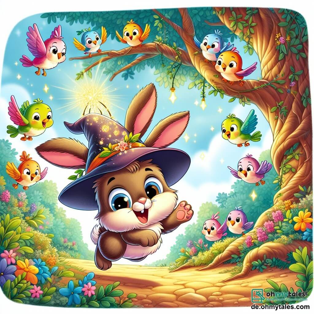 Hopsi, ein kleiner Hase mit großen Ohren und weichem, braunem Fell, trägt einen magischen Hut, der hell leuchtet. Er wirkt fröhlich und überrascht, springt in die Luft mit einem breiten Lächeln und funkelnden Augen vor Aufregung. In der Nähe fliegt eine Gruppe bunter Vögel mit lebhaften Federn um ihn herum, lacht und singt. Sie sind neugierig und begeistert von Hopsis Abenteuern und setzen sich auf die Äste eines Baumes. Die Szenerie ist ein verzauberter Wald mit verdrehten Baumstämmen und leuchtenden Blumen, während Sonnenstrahlen durch die Blätter filtern und eine magische, fröhliche Atmosphäre schaffen. Die Hauptsituation zeigt Hopsi, der in die Luft springt, bereit, in einen Busch zu landen, während die Vögel um ihn herumfliegen und über seine Sprünge lachen.