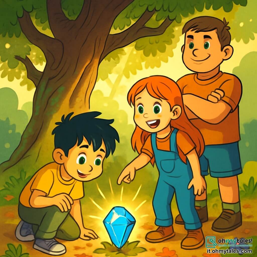 Ci sono 3 personaggi: - Leonardo: un ragazzo di 10 anni, con capelli neri disordinati e occhi pieni di curiosità. È accucciato, osservando una gemma azzurra brillante ai piedi di un immenso albero. - Giulia: una ragazza di 9 anni, con lunghi capelli rossi e lentiggini sul viso. È accanto a Leonardo, indicando la gemma con uno sguardo meravigliato. - Tommaso: un ragazzo di 11 anni, robusto, con capelli castani e un sorriso sicuro. È in piedi dietro Giulia, con le braccia incrociate, pronto a proteggere i suoi amici. La scena si svolge ai piedi della Vecchia Quercia, un albero maestoso con rami contorti e fogliosi, il cui tronco è largo e nodoso, coperto di muschio verde. I raggi di sole filtrano tra le foglie, illuminando la scena di una luce dorata. Il terreno è coperto di foglie secche e piccoli fiori colorati, creando un'atmosfera magica e misteriosa. I tre amici scoprono la gemma azzurra che brilla intensamente, circondata da un'aura luminosa, immersi in un momento di scoperta e meraviglia, consapevoli che questa pietra potrebbe portarli in un'avventura incredibile.