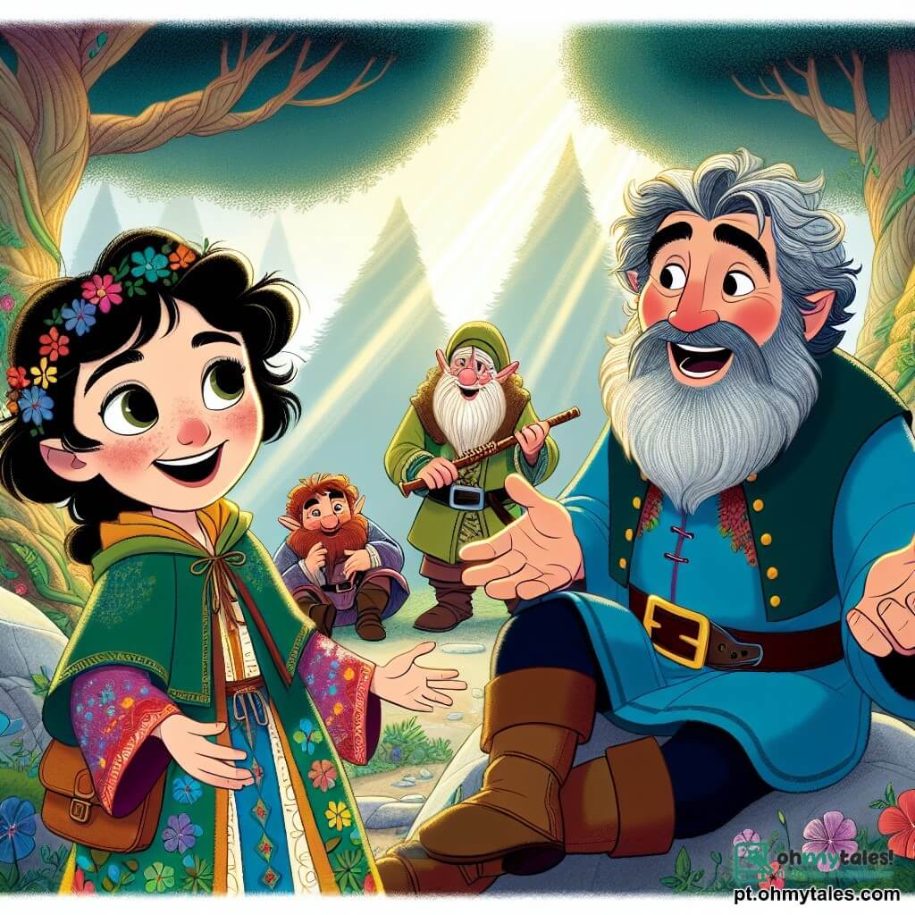 Branca-Neve, uma menina de cerca de 12 anos, tem a pele tão branca quanto a neve e cabelos negros como ébano. Ela usa um vestido colorido, adornado com flores, e seu rosto irradia alegria enquanto sorri, cercada por seus amigos. Ao seu lado, Doc, um anão de cerca de 40 anos, com barba grisalha e óculos redondos, gesticula entusiasticamente ao explicar uma ideia brilhante. Ele veste uma túnica azul e calças marrons, capturando a atenção de todos. Dengoso, outro anão de cerca de 30 anos, com um rosto jovial e bochechas rosadas, toca flauta, criando uma atmosfera alegre. Ele está sentado em uma pedra, mas seu sorriso contagiante ilumina a cena. O local é um lindo bosque encantado, repleto de árvores majestosas, flores coloridas e raios de sol filtrando pelas folhas. A cena principal mostra Branca-Neve e os anões em círculo, compartilhando ideias e risadas enquanto planejam um festival para celebrar a amizade e a diversidade.