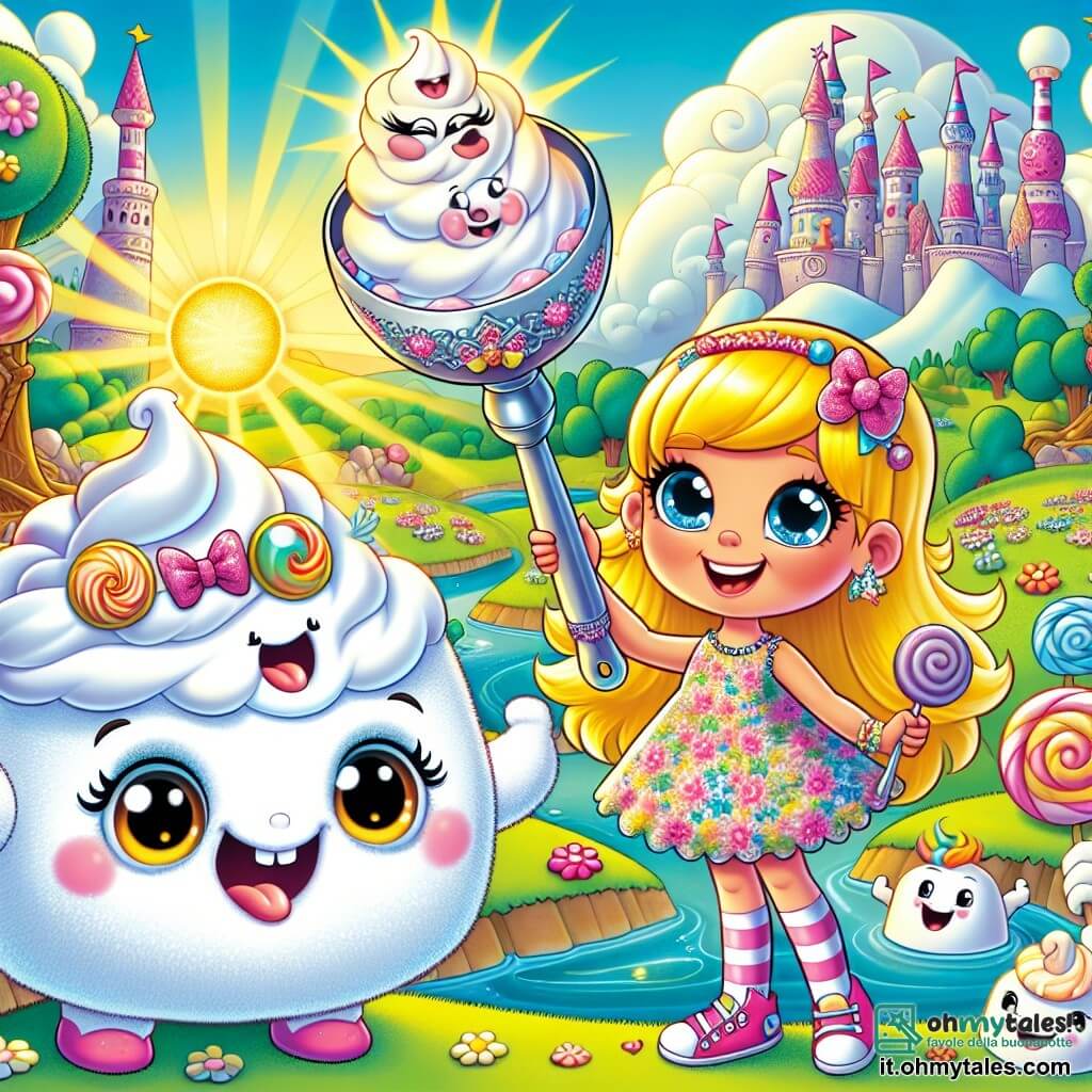 Una bambina di 5 anni, di nome Mirabella, con capelli biondi brillanti come raggi di sole e occhi blu scintillanti, si trova al centro dell'immagine, con un grande sorriso sul volto meravigliato. Indossa un vestito colorato decorato con motivi floreali e tiene in mano un cucchiaio d'argento scintillante, pronta a salvare i suoi amici. Accanto a lei, un buffo mostro di marshmallow di nome Mallow, che sembra avere circa 6 anni, con un corpo rotondo e soffice, occhi tondi e un grande sorriso, salta di gioia con le braccia alzate. Sullo sfondo si estende la Valle delle Meraviglie, con castelli di zucchero filato, fiumi di cioccolato e alberi giganti dai volti sorridenti, circondati da fiori danzanti. Il cielo è di un blu brillante, punteggiato di nuvole a forma di caramelle. La scena principale mostra Mirabella e Mallow davanti a un enorme gelato gigante, pronto per essere rotto con il cucchiaio magico, mentre piccoli mostri di gelato, intrappolati all'interno, guardano con occhi pieni di speranza, impazienti di essere liberati.
