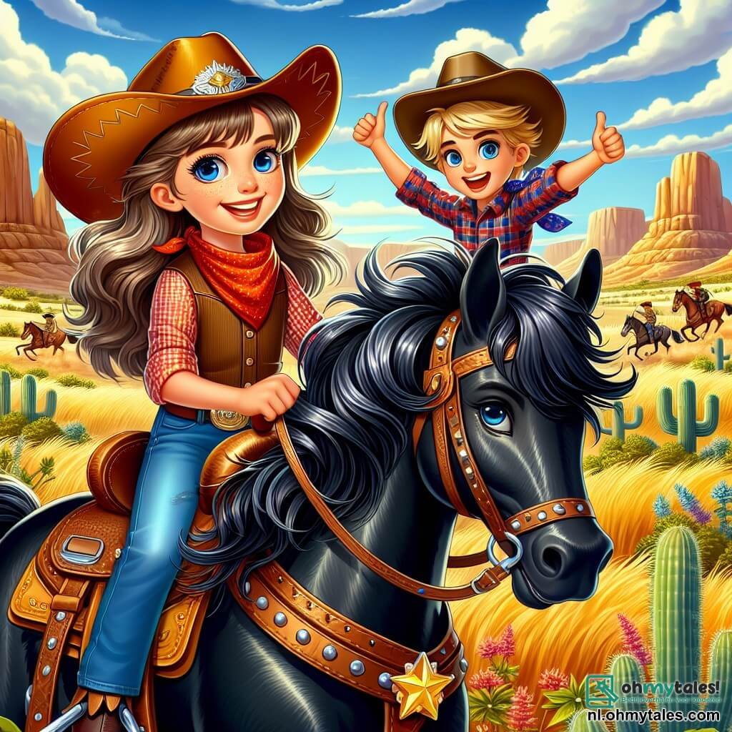 Op de voorgrond staat Lila, een jonge cowgirl van ongeveer 12 jaar, trots op haar paard Zorro, een prachtige zwarte mustang met glanzende manen. Ze heeft lange golvende kastanjebruine haren, een grote glimlach op haar gezicht en draagt een cowboyhoed met een gouden ster. Haar ogen stralen van opwinding en vastberadenheid terwijl ze zich voorbereidt op de race. Naast haar staat Max, haar beste vriend van 11 jaar, met tousled blond haar en sprankelende blauwe ogen. Hij draagt een rood geruit shirt en een bandana om zijn nek. Enthousiast moedigt hij haar aan, met zijn armen in de lucht, staande op een klein rotsblok in de buurt. Op de achtergrond onthult het decor van Sunset Gulch: een gouden prairie die zich uitstrekt tot aan de horizon, bezaaid met cactussen en struiken. In de verte rijzen majestueuze bergen op onder een stralende blauwe lucht, waar de zon fel schijnt. De belangrijkste situatie toont Lila en Max die klaar zijn om deel te nemen aan de grote race van het rodeo, omringd door een enthousiaste menigte die hen aanmoedigt. Lila, geconcentreerd en vol moed, staat op het punt om te vertrekken, terwijl Max haar aanmoedigt met een grote glimlach, wat een sfeer van kameraadschap en opwinding creëert.