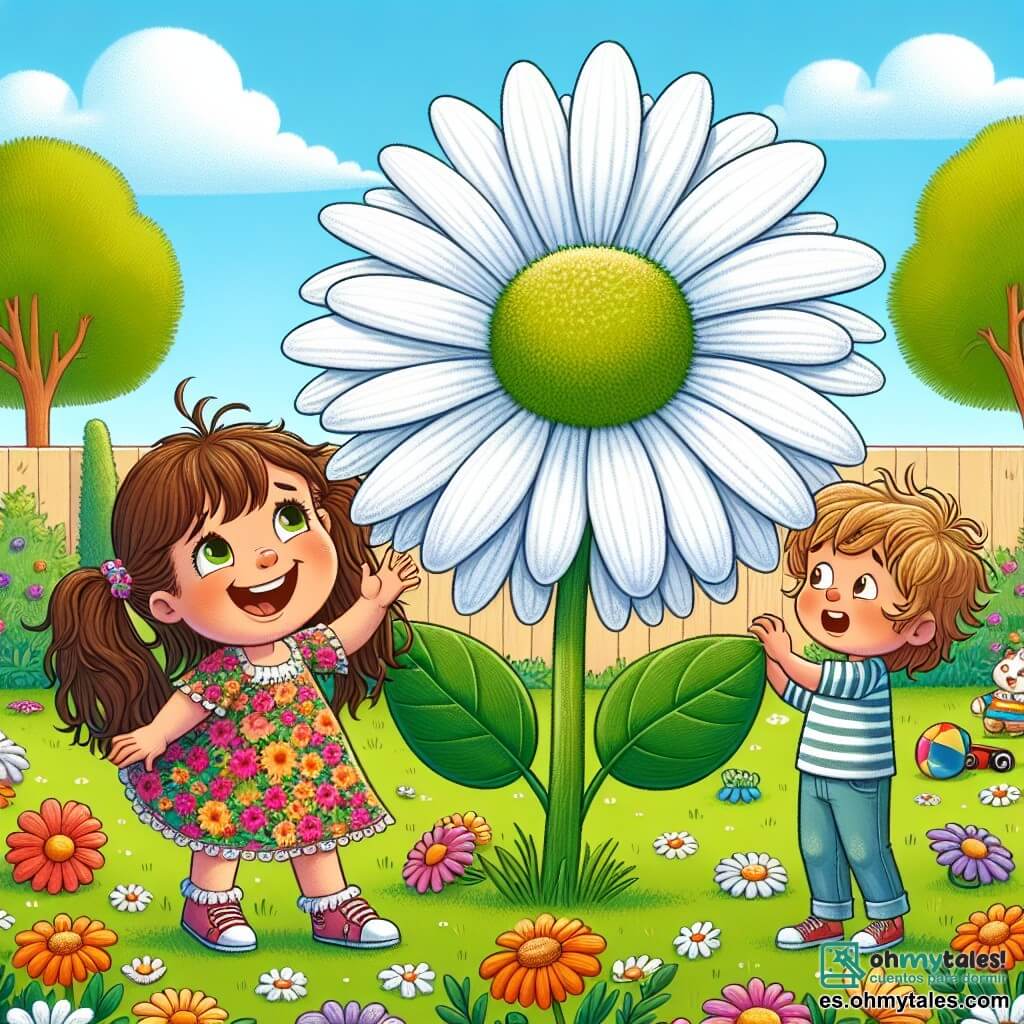 En el centro de la imagen, Lola, una niña de siete años, sonríe con alegría. Tiene el cabello largo y castaño atado en dos coletas y lleva un vestido colorido con estampados de flores. Sus ojos brillan de emoción mientras toca una enorme margarita que ha crecido en su jardín. A su lado, su amigo Pedro, un niño de ocho años con cabello rubio desordenado y una camiseta a rayas, observa asombrado la flor gigante, levantando los brazos para intentar tocarla también. Al fondo, el jardín está lleno de colores vivos: flores de diferentes tamaños, árboles con hojas verdes y un cielo azul con nubes blancas. La escena muestra a Lola, feliz, haciendo crecer la margarita con un simple toque, mientras Pedro, divertido, se prepara para unirse a ella y descubrir el poder mágico de su amiga.