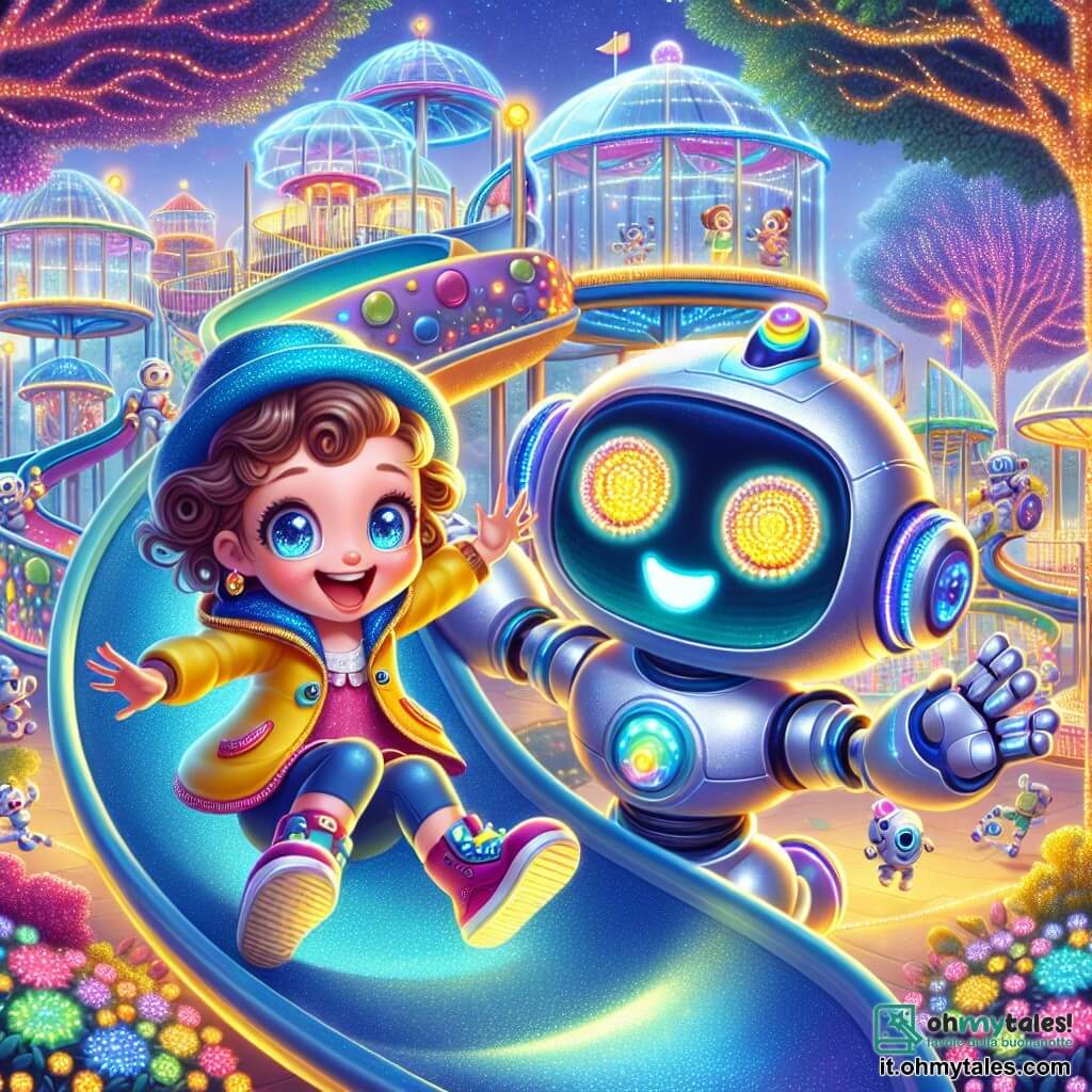 Una bambina di 3 anni, Mia, con grandi occhi brillanti e capelli ricci castani, indossa un cappello blu e una giacca gialla. Sorride gioiosamente, con le braccia aperte, mentre gioca in un parco futuristico. Accanto a lei c'è Robo, un robot amichevole di grande altezza, con un corpo argentato e luci colorate che lampeggiano. Robo sorride e tende la mano verso Mia, pronto ad aiutarla a salire su uno scivolo luminoso. Il parco è pieno di giochi scintillanti, con strutture di vetro e fiori colorati che brillano al sole. Alberi giganti con foglie luminose circondano l'area giochi, creando un'atmosfera magica e gioiosa. La scena principale mostra Mia e Robo che si divertono insieme, Mia che ride mentre scivola, mentre Robo la incoraggia con un grande sorriso. L'atmosfera è piena di colori vivaci e luce, illustrando la gioia e l'avventura nella città futuristica di Luceville.