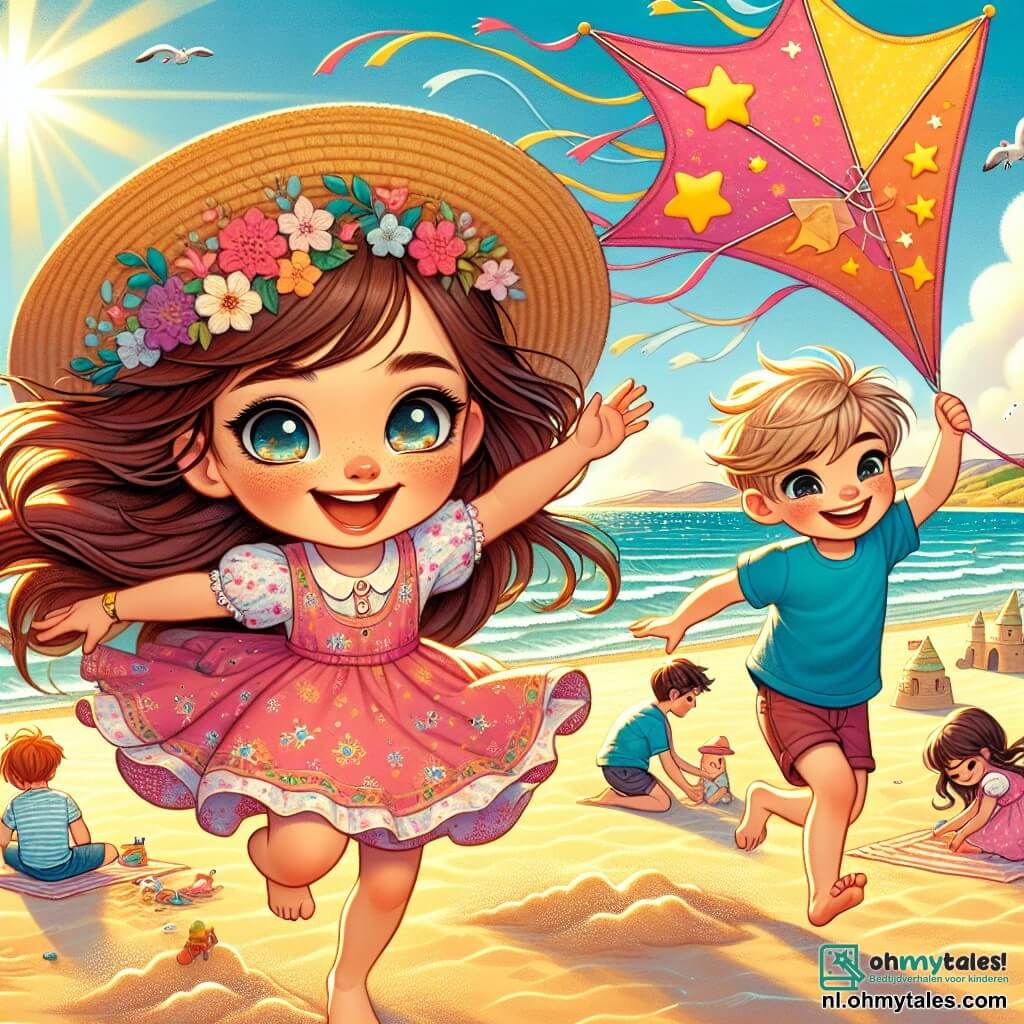 Een klein meisje van 6 jaar, Mila, met lange bruin haar en sprankelende ogen, draagt een mooie roze bloemenjurk en een strohoed. Ze glimlacht verwonderd, met open armen, terwijl ze over het gouden zand van het strand rent. Naast haar staat haar oudere broer Sam, 8 jaar oud, met tousled blond haar en een blauwe t-shirt, die een grote rode vlieger met gele sterren vasthoudt, klaar om te laten vliegen. Op de achtergrond schittert de zee onder de zon, met zachte golven die de kust kussen, en kinderen bouwen zandkastelen. De sfeer is vrolijk en zonnig, vol met lachen en felle kleuren, die de geest van de zomervakantie vastlegt.