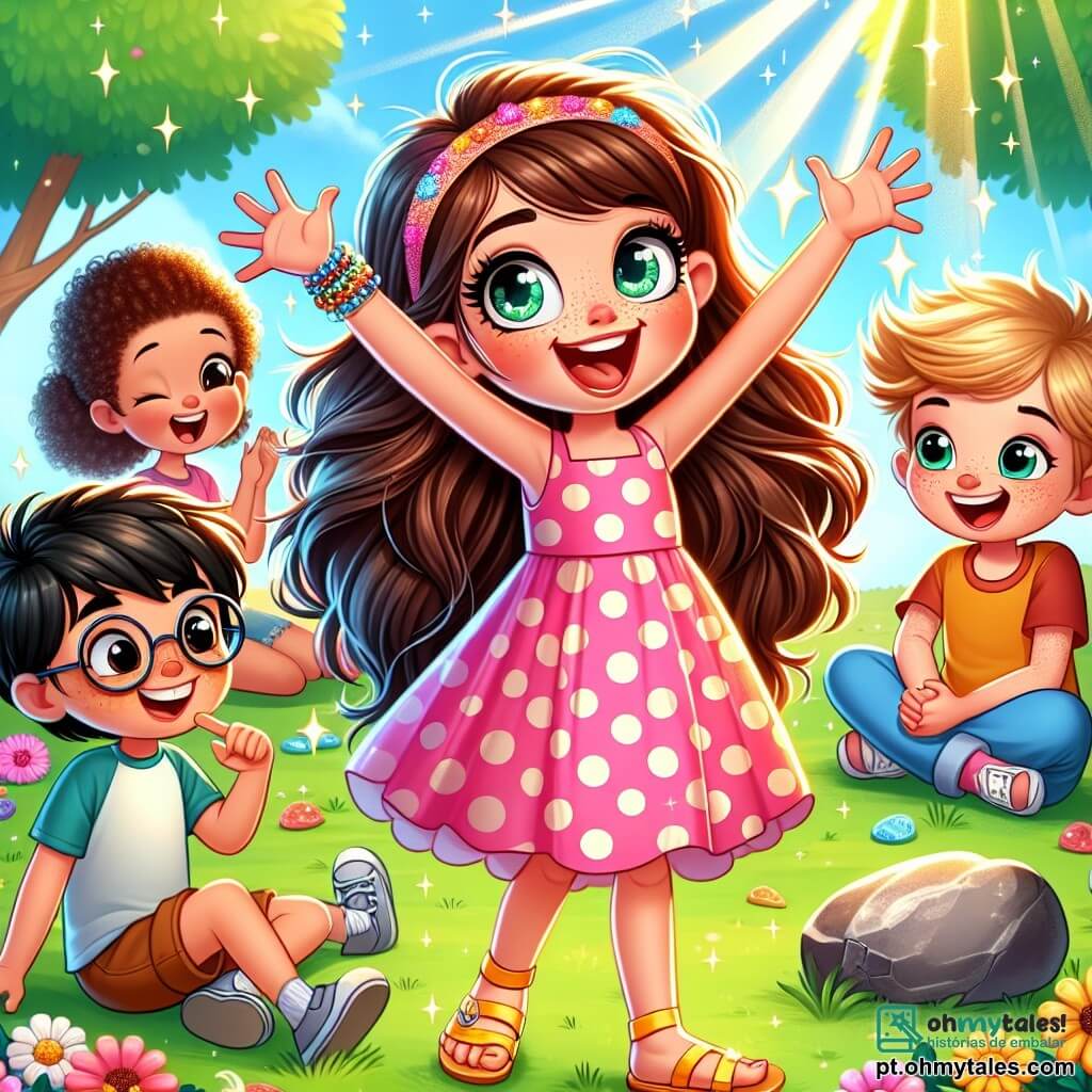Uma menina de 6 anos, Sofia, com longos cabelos castanhos e olhos brilhantes de alegria, sorri amplamente segurando uma pedra brilhante nas mãos. Ela usa um vestido rosa com bolinhas brancas e sandálias amarelas, cercada por seus amigos. À sua direita, Lucas, um menino de 6 anos com cabelos loiros bagunçados e óculos redondos, faz uma careta engraçada, com os braços abertos, como se fosse um palhaço. À sua esquerda, Ana, uma menina de 6 anos com cabelos cacheados e uma faixa colorida, canta alegremente, com os braços levantados para o céu. Ao fundo, Pedro, um menino de 6 anos com cabelos castanhos e sardas, faz uma cara engraçada, enquanto Júlia, uma menina de 6 anos com cabelos negros e um vestido azul, conta uma história sentada na grama. O cenário é um parque ensolarado, cheio de flores coloridas, árvores verdes e um céu azul brilhante. No centro da imagem, as crianças riem juntas, cercadas por seus tesouros: uma pedra brilhante, uma folha em forma de coração, um galho e uma flor multicolorida, criando uma atmosfera de alegria e amizade.