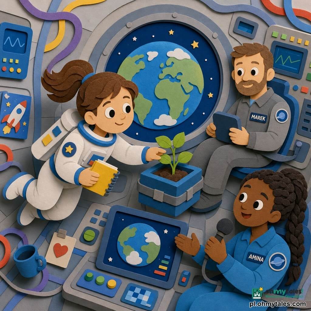 Uśmiechnięta, spokojna kobieta-astronautka o brązowych związanych włosach, okrągłej twarzy i dużych oczach w białym skafandrze z niebieskimi brzegami unosi się w stanie nieważkości, trzyma mały żółty notes i delikatnie dotyka pudełka z młodą zieloną sadzonką; mężczyzna (Marek, ok. 35 lat) z krótkimi włosami i lekką brodą, w szarym kombinezonie, siedzi z tyłu przypięty do konsoli i patrzy na nią życzliwie; kobieta (Amina, ok. 30 lat) o ciemnej karnacji i splecionych włosach w lazurowym kombinezonie trzyma mikrofon i uśmiecha się obok ekranu z widokiem Ziemi; wnętrze stacji kosmicznej w miękkich metalicznych tonach, zaokrąglone ściany, duży okrągły właz z widokiem niebieskiej Ziemi i kremowych chmur, przewody i przyciski wyglądające jak wycięte z papieru; spokojna, ciepła, współpracująca atmosfera, miękkie światło z włazu.