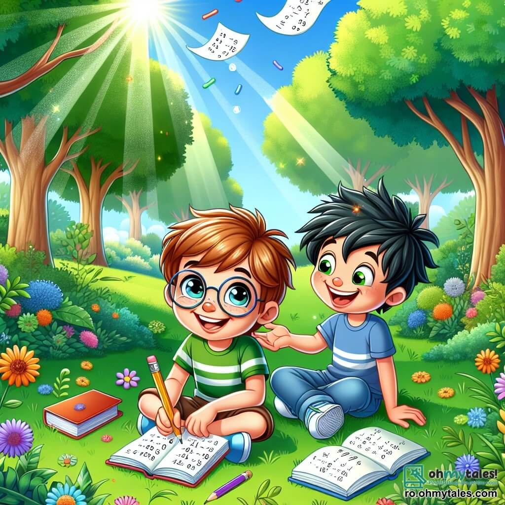 Un băiat de 10 ani, Andrei, cu părul castaniu și ochelari rotunzi, stă pe iarba verde dintr-un parc, cu un zâmbet radiant pe față și ochii strălucind de entuziasm în timp ce rezolvă probleme de matematică pe un carnet. Lângă el, prietenul său Mihai, tot de 10 ani, cu părul negru și un tricou albastru, îl încurajează cu un zâmbet larg, ținând un creion în mână. Parcă este plin de copaci mari cu frunze verzi, iar soarele strălucește printre ramuri, creând umbre dansante pe pământ. Flori colorate înfloresc în jurul lor, adăugând o notă de magie mediului. Situația principală îi arată pe Andrei și Mihai studiind împreună, înconjurați de cărți și foi zburătoare, împărtășind râsete și idei, ilustrând importanța prieteniei și a ajutorului reciproc în învățare.