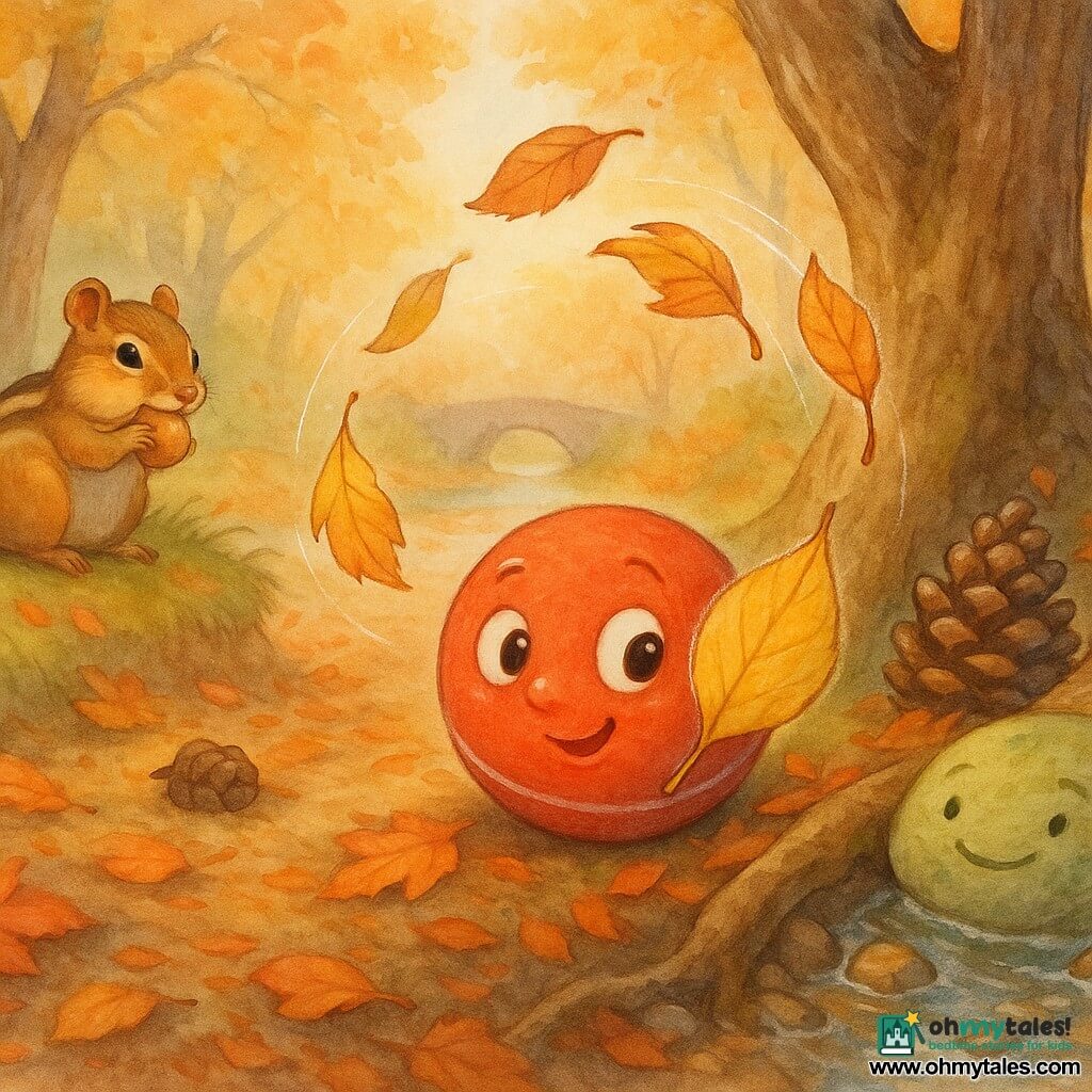 Rollo, the main character, is a slightly worn bright red rubber ball with white scratches and a curious, joyful expression; he rests against a root, ready to dodge swirling leaves—one thin, veined yellow leaf sticks to his side like a gentle companion. A small brown-and-beige striped chipmunk with cheeks full of an acorn sits on a bank to Rollo’s left, watching amusedly, while a dark, knobbly pine cone behind him acts as a calm little shield and a flat, mossy stone by the stream offers quiet guidance. The setting is an autumn forest path carpeted with orange, red, and brown leaves, textured tree trunks, low grasses and moss, dappled golden light, a small stone bridge and a tranquil pool in the background; Rollo is learning to dodge a whirl of leaves by the stream, with circular leaf motion, gentle splashes on the stones, and a calm, curious, slightly cool autumn afternoon atmosphere.