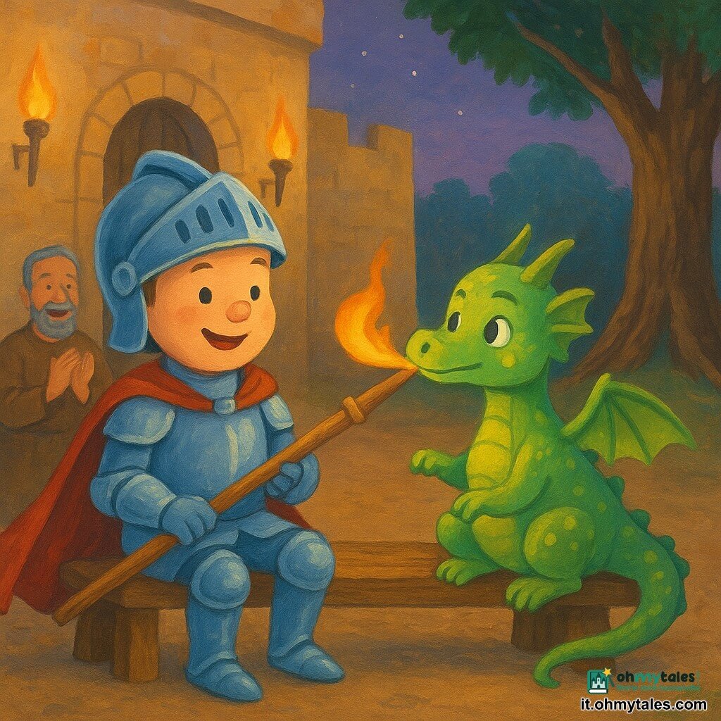 Un giovane cavaliere ragazzo, volto rotondo e sorridente, armatura argentata con riflessi azzurri e mantello rosso, seduto su una panca di legno tiene una lancia levigata; accanto a lui la piccola drago femmina verde Fiammetta, squame lucenti e macchie gialle, occhi grandi, soffia una dolce fiamma arancione sulla punta della lancia per indurirla; uno scudiero di circa 50 anni, capelli grigi e barba corta, abiti semplici marroni, applaude sorridendo vicino alla porta del castello sullo sfondo a sinistra; ambientazione: cortile del castello di pietra con mura ocra, grande quercia a destra, torce che diffondono luce calda, cielo crepuscolare porpora con prime stelle; scena: momento di riposo dopo il lavoro, atmosfera calda e serena, colori tenui e tratti semplici e espressivi in stile gouache adatto ai bambini.