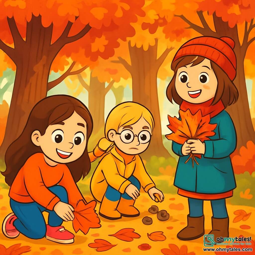 There are three characters: - Lily: a 10-year-old girl with long brown hair and sparkling eyes. She is wearing an orange sweater and blue jeans, and she is picking up colorful leaves from the ground. - Emma: a 10-year-old girl with round glasses and braided blonde hair. She is wearing a yellow coat and rubber boots, crouched down collecting acorns near a large oak tree. - Sophie: a 10-year-old girl with brown hair and freckles. She is wearing a red scarf and a wool hat, standing with a bouquet of leaves in her hands, smiling. The setting is in Willow Grove forest, where majestic trees are adorned with vibrant leaves in shades of red, orange, and gold. The ground is covered in a carpet of crunchy leaves, and sunlight filters through the branches, creating dancing shadows on the ground. The main scene shows the three friends exploring, gathering autumn treasures to create an artistic collage, surrounded by the beauty of nature, falling leaves, and bursts of light, illustrating the magic of autumn.
