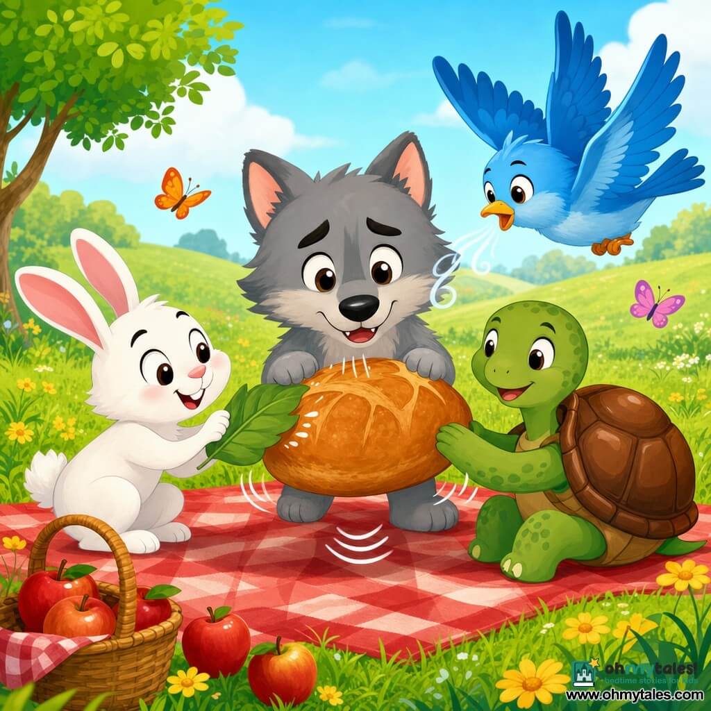 Soft gray little wolf with round bright eyes and big brows, joyful but slightly worried, holding a large bouncing loaf with his small paws; white bunny with big pink ears, mischievous smile, crouched left, tapping the loaf with a leaf to wipe it; green turtle with shiny brown shell, patient content face, seated right, gently holding the loaf to stop it from bouncing; bright blue bird flying just above, wings fanned, blowing gently to dry the loaf; sunny meadow with green grass, small yellow flowers and butterflies, red check picnic blanket with a wicker basket and a few red apples; scene: friends arranging a playful picnic while holding and drying a loaf that went “boing,” dynamic, cheerful colors, simple clear shapes, friendly gentle atmosphere.