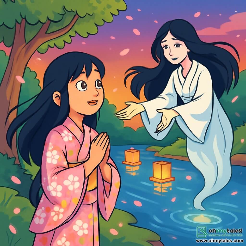 A young woman named Aiko, around 16 years old, stands by a shimmering river, her face illuminated with a mix of wonder and determination. She has long black hair gently flowing in the wind and wears a traditional kimono adorned with cherry blossom patterns in vibrant pastel colors. Her eyes shine with hope as she gazes at the water's surface. Nearby, a female spirit appears, floating above the river. Dressed in a flowing white kimono, her long black hair cascades around her. Her face reflects sadness but also gratitude as she reaches out to Aiko, seemingly seeking a connection. The enchanting setting features the river surrounded by majestic trees with bright green leaves, reflecting the colors of the twilight sky, where floating lanterns softly illuminate the scene. Cherry blossom petals fall slowly, adding a touch of magic to the atmosphere. The main scene shows Aiko, determined to help the spirit regain her name, murmuring a prayer by the water's edge as the moon's reflection begins to shine on the river's surface, creating a mystical and soothing ambiance.