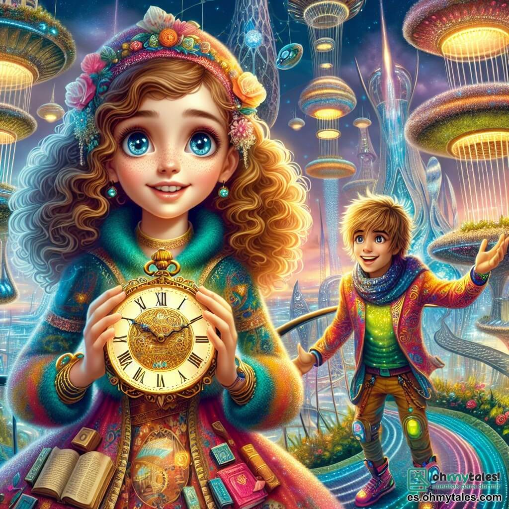 Una niña de 12 años, llamada Eva, se encuentra en el centro de la imagen, con grandes ojos brillantes de curiosidad y cabello castaño rizado que cae sobre sus hombros. Lleva un vestido colorido adornado con motivos de libros y sostiene un antiguo y hermoso reloj dorado en sus manos, con el rostro iluminado por el asombro. A su derecha está un niño de unos 10 años, llamado Luka, con cabello rubio desordenado y una sonrisa radiante. Lleva un traje futurista de colores vivos y parece jugar con un holograma flotante, riendo alegremente. En el fondo, la escena se desarrolla en una ciudad futurista llamada Neoterra, donde edificios brillantes de formas orgánicas se elevan hacia el cielo, rodeados de jardines colgantes y cápsulas voladoras que se deslizan en el aire. Luces de colores iluminan el entorno, creando una atmósfera mágica y dinámica. La situación principal muestra a Eva y Luka maravillándose ante un holograma que proyecta imágenes de paisajes fantásticos, simbolizando el poder de la imaginación y las posibilidades infinitas del viaje en el tiempo.