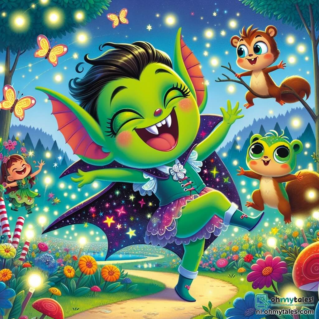 Victor, de vampier, is een vrolijk personage met groene huid, een grote ronde neus en enorme vleermuisachtige oren. Hij draagt een sterrencape en danst met een grote glimlach op zijn gezicht, omringd door licht en magie. Kiki, de kleine kikker, is een sprankelend meisje met felgroene huid en ronde, glanzende ogen. Ze springt vrolijk naast Victor, lachend en met grappige gebaren. Snuffel, de nieuwsgierige eekhoorn, is een jongen met bruin haar en ondeugende ogen, die op een tak klimt en met een grote glimlach naar de dans kijkt. De scène speelt zich af in de Glimwormvallei, een betoverde vallei vol kleurrijke bloemen en fonkelende vuurvliegjes. Bomen met suikergoedachtige bladeren omringen een pad van licht, en in de verte verlicht een sterrenhemel het magische landschap. De hoofdscène toont Victor, Kiki en Snuffel die samen dansen, omringd door schitterende vuurvliegjes, en vieren ze vriendschap en vreugde in een moment van puur geluk.