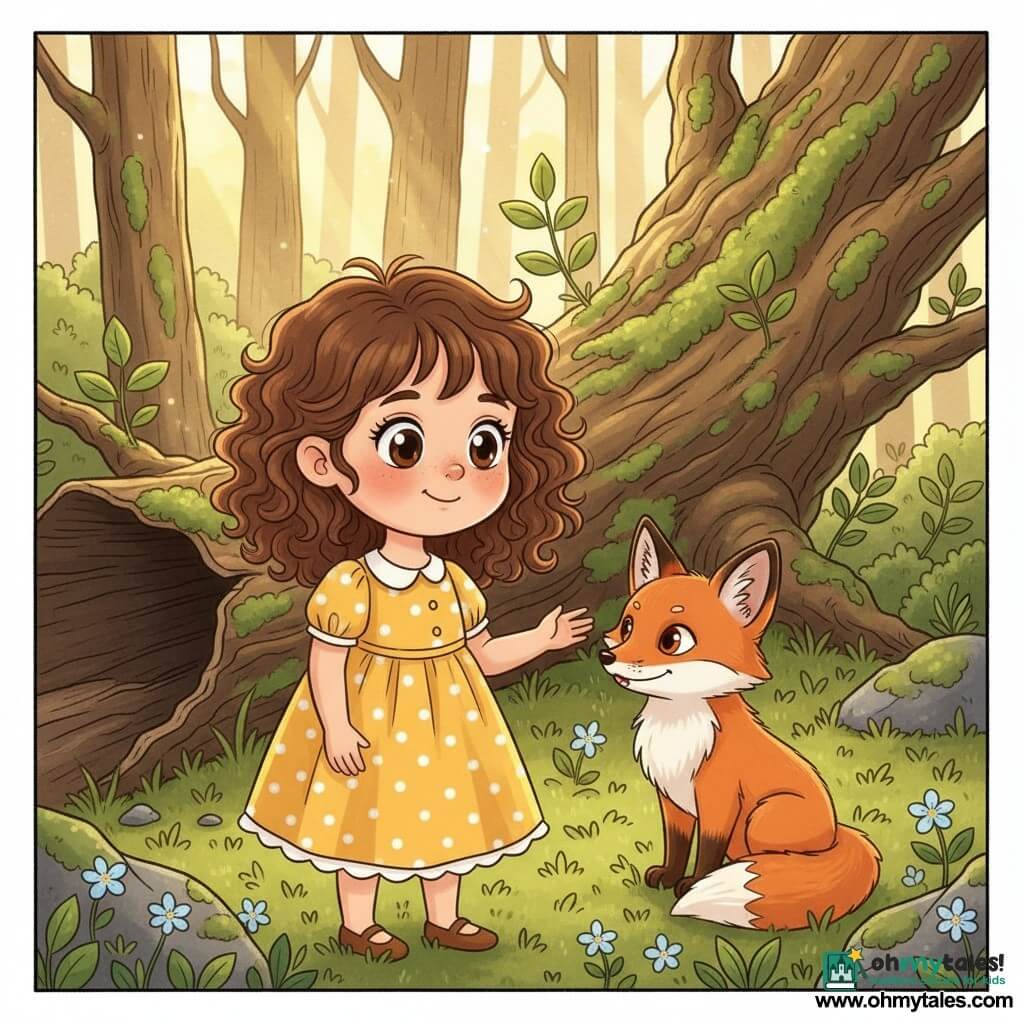 A 4-year-old girl, Lila, smiling and amazed with curly brown hair and bright round eyes, in a yellow polka-dot dress, reaches toward a small red fox named Felix with silky fur and mischievous yet gentle eyes; they sit by a partially fallen mossy oak with young shoots, on a forest floor of thick moss and pale blue flowers lit by golden sunbeams through high branches; warm colors, soft contrasts, rounded features and exaggerated expressions in a child-friendly manga style, centered composition, peaceful curious mood, clear outlines and soft textures suitable for age 4.