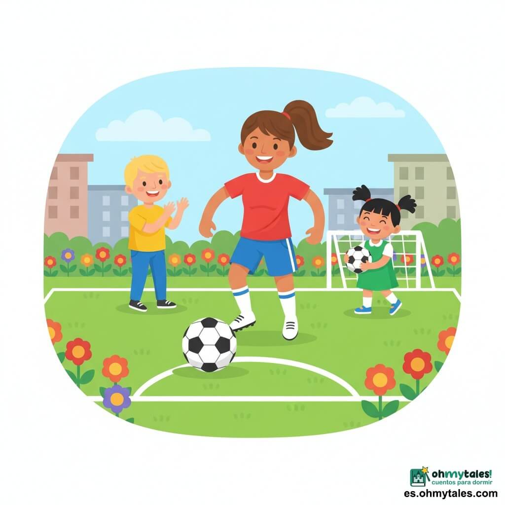 Una futbolista sonriente y decidida, piel morena, pelo castaño en coleta, con camiseta roja, pantalones cortos azules y botas blancas, dribla una gran bola blanca y negra hacia delante; a la izquierda, un niño de unos 8 años, pelo rubio corto, camiseta amarilla y vaqueros, aplaude de pie sobre el césped; a la derecha, una niña de unos 6 años, pelo negro en dos trenzas, vestido verde, sostiene una pelota pequeña y ríe junto a un pequeño poste de portería. El campo es un parque de barrio con césped verde vivo, líneas blancas simples, flores en el borde y edificios bajos estilizados al fondo. Escena de juego colectivo alegre, movimiento hacia delante, rostros expresivos, colores saturados y formas redondeadas.
