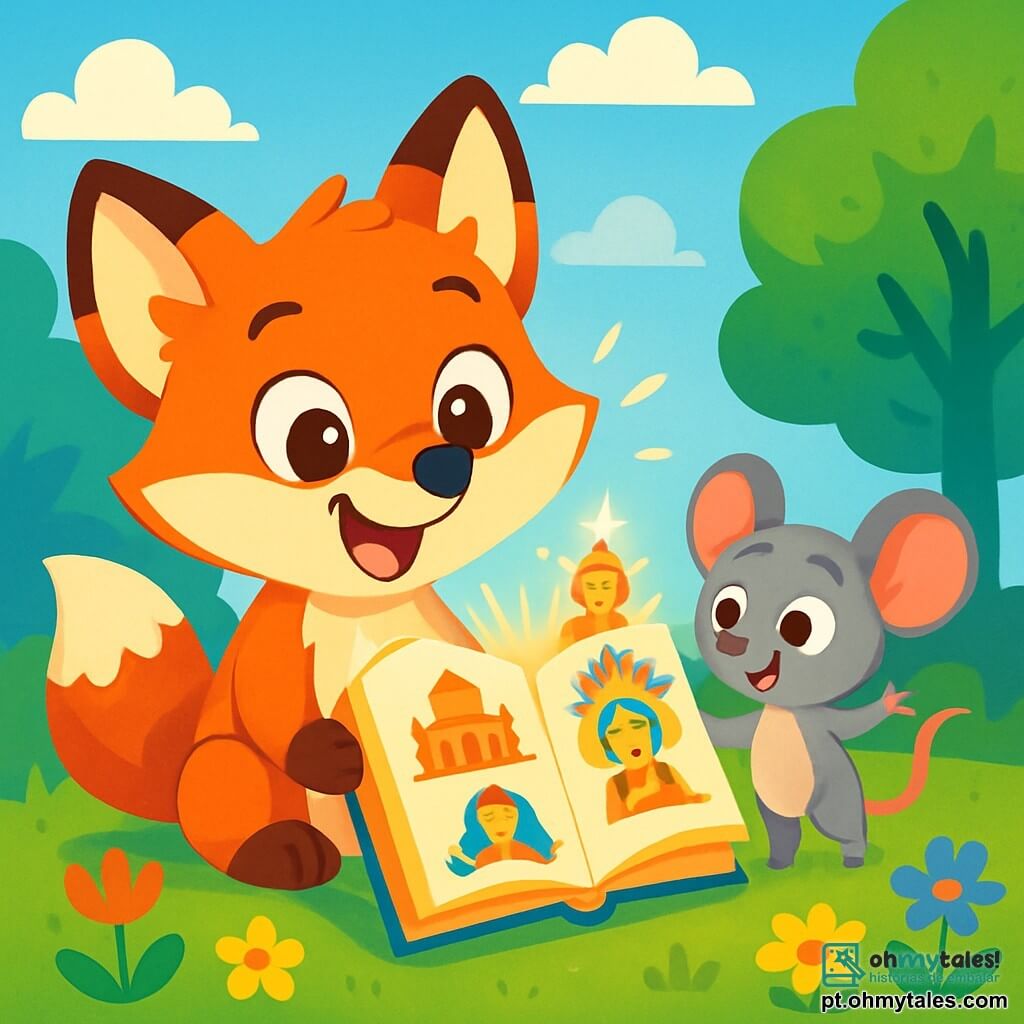 Um jovem raposo de pelagem ruiva brilhante, com grandes olhos brilhantes de curiosidade, está sentado em um gramado verde, cercado por flores coloridas. Ele sorri entusiasticamente, segurando um livro aberto à sua frente, com as páginas iluminadas por uma suave luz dourada. Ao seu lado, um pequeno rato cinza, com orelhas redondas e uma expressão maravilhada, olha para o livro com olhos arregalados, pulando de excitação. Ao fundo, um céu azul claro salpicado de nuvens brancas e fofas e árvores majestosas com folhas verdes vibrantes criam uma atmosfera alegre e ensolarada. A cena mostra o raposo e o rato descobrindo juntos imagens mágicas de culturas do mundo todo, ilustrando o espírito de aventura e amizade de suas férias de verão.