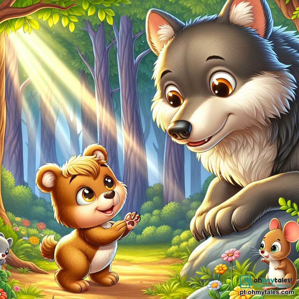 No centro da imagem, um jovem urso chamado Bubu, com pelagem dourada brilhante e olhos curiosos, enfrenta corajosamente um grande lobo de pelagem cinza escuro, que parece surpreso, mas amigável. Bubu sorri, estendendo uma pata em direção ao lobo, mostrando sua vontade de fazer amizade. Ao lado de Bubu, um pequeno rato de olhos redondos e pelagem marrom claro, com uma expressão de admiração, observa a cena sentado em uma pedra, parecendo incentivar Bubu com um pequeno sorriso. O local é uma clareira encantada, cercada por grandes árvores de folhas verdes vibrantes, com flores coloridas dançando ao vento. Um raio de sol atravessa os galhos, iluminando a cena com uma luz acolhedora. A situação principal mostra Bubu e o Grande Lobo Mau se encontrando pela primeira vez, prontos para superar seus medos e descobrir a amizade nesse cenário mágico.