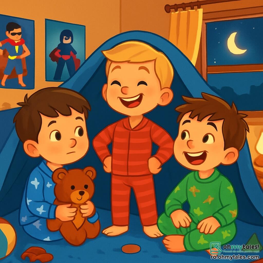 Există 3 personaje: - Andrei: un băiat de 5 ani, cu păr castaniu și ochi curioși. Poartă un pijama albastru cu stele albe și ține un urs de pluș în brațe. - Alex: un băiat de 5 ani, cu păr blond și un zâmbet mare. Este îmbrăcat într-un pijama roșu cu dungi și stă lângă Andrei, cu mâinile pe șolduri, afișând o atitudine încrezătoare. - Matei: un băiat de 5 ani, cu păr brunet și ochi verzi strălucitori. Poartă un pijama verde cu dinozauri și este așezat pe pat, râzând entuziast. Cei trei prieteni sunt în camera lui Alex, decorată cu postere de supereroi și jucării împrăștiate pe podea. Lumina de la veioza mică proiectează umbre blânde pe pereți, creând o atmosferă caldă. Fereastra este deschisă, lăsând să intre o adiere ușoară de vânt nocturn. Situația principală îi arată pe băieți reuniți sub o pătură pufoasă, împărtășind povești amuzante pentru a depăși frica de întuneric. Râd împreună, fețele lor fiind iluminate de lumina blândă a veiozei, în timp ce întunericul îi înconjoară, dar nu îi mai sperie.