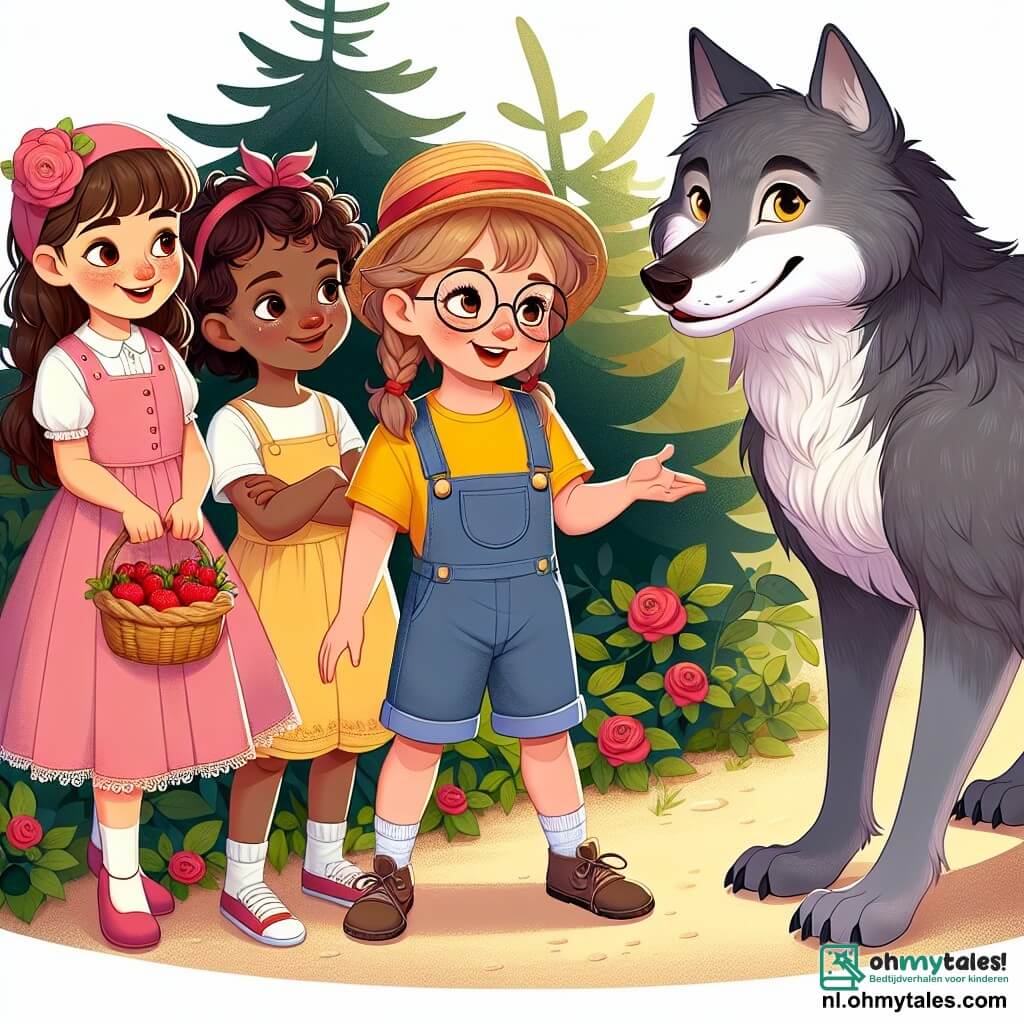 Er zijn vier personages: 1. **Lila**, een 8-jarig meisje met lange bruine haren en sprankelende ogen, draagt een roze jurk en houdt een klein mandje vol bessen vast. Ze staat links, glimlachend en nieuwsgierig. 2. **Milla**, een 7-jarig meisje met blonde vlechten en ronde bril, draagt een gele t-shirt en een spijkerbroek. Ze staat in het midden en kijkt de wolf met een nieuwsgierige blik aan. 3. **Roos**, een 6-jarig meisje met rood haar en sproeten, draagt een blauwe tuinbroek en een strohoed. Ze staat rechts en wijst enthousiast naar de wolf. 4. **De Grote Slechte Wolf**, een grote grijze wolf met glanzende ogen en een vriendelijke uitstraling, staat voor de meisjes, lichtjes naar voren gebogen, alsof hij dichterbij wil komen. De locatie is een zonnige open plek in het hart van een magisch bos. Majestueuze bomen omringen de ruimte, hun groene bladeren dansen in de wind. Kleurrijke bloemen bedekken de grond en een zachte zonnestraal verlicht de scène, wat een warme en gastvrije sfeer creëert. De belangrijkste situatie toont de drie meisjes en de wolf die vrolijk lachen en praten, wat het moment illustreert waarop ze ontdekken dat de wolf niet zo slecht is. De meisjes zijn hand in hand verbonden, terwijl de wolf glimlacht, wat laat zien dat hij nieuwe vriendinnen heeft gevonden.