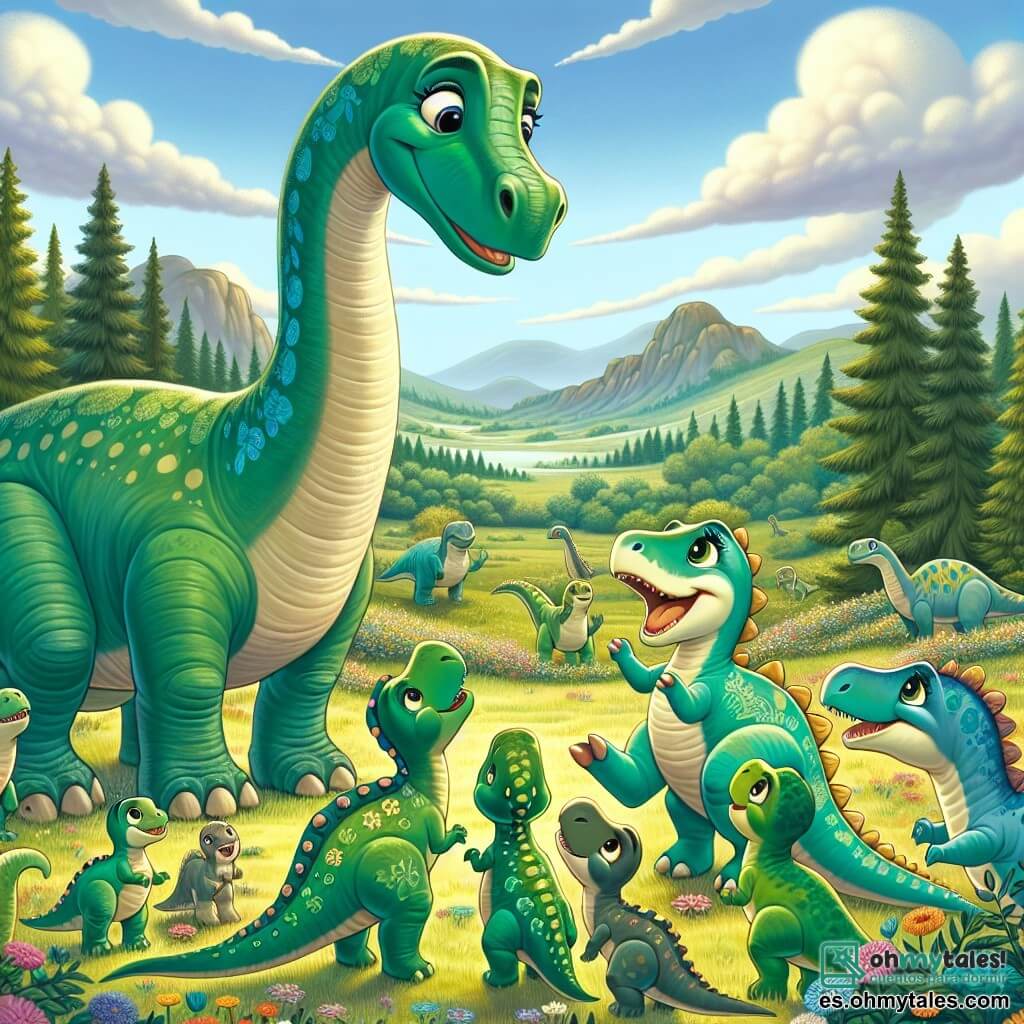 Un diplodocus llamado Dilo, grande y majestuoso, con piel verde brillante y un largo cuello, se encuentra en el centro de la escena, mostrando una sonrisa tranquilizadora mientras mira a sus amigos dinosaurios. A su lado, su nieto Dino, un adorable diplodocus de color verde más claro, salta de alegría, con los ojos brillando de emoción. Lila, la dulce esposa de Dilo, está cerca, con una mirada protectora, su piel adornada con patrones florales, mientras acaricia tiernamente a Dino. La escena se desarrolla en una vasta llanura, llena de árboles verdes y flores coloridas que bailan con la brisa suave. El cielo es de un azul brillante, salpicado de algunas nubes blancas, y a lo lejos se ven suaves montañas. Dilo, rodeado de sus amigos dinosaurios, explica calmadamente que deben permanecer unidos ante la llegada de los carnívoros, creando una atmósfera de solidaridad y amistad. Los pequeños dinosaurios, reunidos a su alrededor, escuchan atentamente, sus rostros iluminados por la esperanza y la confianza.