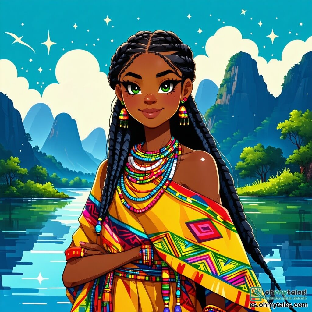 Nia, una joven africana de unos 25 años, se encuentra orgullosamente al borde del majestuoso Río de la Vida. Su largo cabello negro, trenzado con cuentas de colores, ondea suavemente en la brisa. Su rostro expresa una determinación brillante, con ojos resplandecientes como estrellas, y lleva una túnica vibrante con patrones tradicionales, adornada con colores cálidos y terrosos. Ella llena una calabaza con agua cristalina, reflejando el sol que danza en la superficie. Cerca, Simba, un gran león majestuoso, está sobre una piedra, observando a Nia con curiosidad. Su melena dorada brilla al sol, y sus ojos penetrantes parecen llenos de sabiduría. Es el guardián de este lugar sagrado, vigilando el río. El paisaje circundante es una sabana exuberante, salpicada de imponentes baobabs y flores brillantes. El cielo es de un azul profundo, con nubes blancas esponjosas, mientras que el suave murmullo del agua crea una atmósfera pacífica. En esta escena, Nia, llena de esperanza y coraje, llena la calabaza con agua del río sagrado, símbolo de vida y renovación, mientras Simba la observa, listo para ofrecerle su sabiduría.