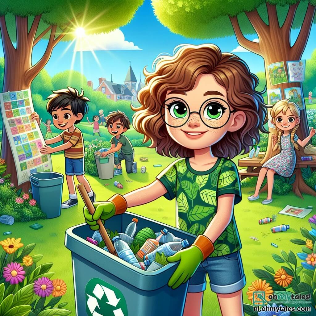 Een 12-jarig meisje, Emma, met krullend kastanjebruin haar en sprankelende ogen vol vastberadenheid, staat in het midden van de afbeelding. Ze draagt een groene t-shirt met een bladmotief en een spijkerbroekshort, en glimlacht trots terwijl ze een grote, kleurrijke recyclingbak vasthoudt. Naast haar is haar vriend Tom, een 12-jarige jongen met blond haar en een bril, bezig afval op te rapen met een tuinhandschoen en toont een geconcentreerde uitdrukking. Iets verderop hangt Lisa, een 11-jarig meisje met zwarte vlechten en een bloemenjurk, posters aan een boom en toont haar enthousiasme met een brede glimlach. De locatie is een groen park, verlicht door de zon, met majestueuze bomen, kleurrijke bloemen en een stralende blauwe lucht. Kinderen spelen vrolijk op de achtergrond, terwijl volwassenen bij tafels zitten die versierd zijn voor een gemeenschapsevenement. De hoofdactie toont Emma en haar vrienden die een grote schoonmaakdag en bewustwording over ecologie organiseren, omringd door afval dat moet worden opgeruimd en kleurrijke versieringen die de aandacht van voorbijgangers trekken.