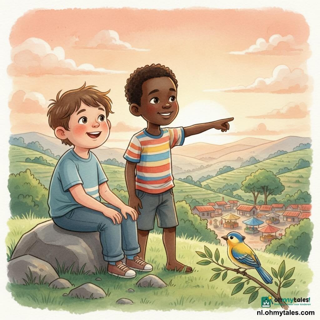 Erik, 8 jaar, rond gezicht, warrig kastanjebruin haar, glinsterende ogen en verwonderde glimlach, zit op een steen met handen op de knieën en kijkt nieuwsgierig en vrolijk naar het landschap; Kwame, ongeveer 8 jaar, donkere huid, kort krullend haar, gekleurd T‑shirt, staat naast Erik en wijst rustig en vertrouwelijk naar de stad beneden; een levendig geel‑blauw vogeltje op een tak dichtbij in de voorgrond; locatie: een grasrijke heuvel boven Kigali bij zonsondergang met groene heuvels, rode daken en kleurrijke markten beneden, enkele bredebladerige bomen en warme oranje lucht; scène: de jongens bewonderen het uitzicht, moment van ontdekking en vriendschap, compositie gericht op hun silhouetten met zachte aquareltexturen en warme kleuren voor een magische sfeer.