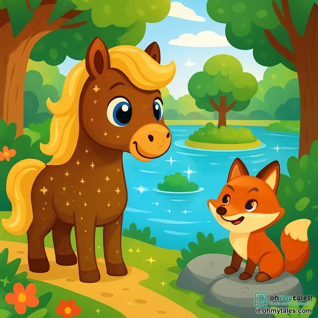 Un magnifico cavallo di nome Bruno, con un manto scintillante come stelle, si trova sulla riva di un lago luccicante, i suoi grandi occhi brillano di curiosità e gioia. Ha una criniera ondulante e dorata che danza nel vento, mentre osserva con meraviglia la piccola isola al centro del lago. Vicino a lui, una volpe astuta con pelo rosso vivo e occhi maliziosi si avvicina a Bruno, pronta a invitarlo a una nuova avventura. Si trova su una roccia, con un sorriso birichino, osservando attentamente il suo amico. Il paesaggio è una foresta incantata, con alberi maestosi dalle foglie verdi brillanti, fiori colorati che bordano il sentiero e raggi di sole che filtrano tra i rami, creando un'atmosfera magica. Bruno, meravigliato, si prepara a esprimere un desiderio al lago dei desideri, dove la luce scintillante dell'acqua riflette i suoi sogni di amicizia e avventura.