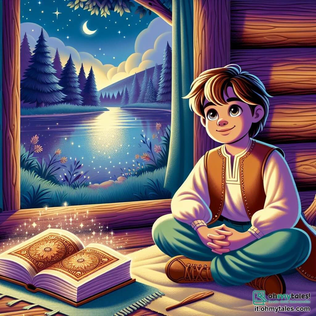 Un ragazzo di 12 anni, Elio, con capelli castani e occhi brillanti, è sdraiato su una coperta morbida vicino a un lago. Il suo viso esprime serenità e gioia, con un leggero sorriso. Sta respirando profondamente, le mani sul ventre, circondato da un'atmosfera pacifica. Vicino a lui, un libro antico con pagine dorate è aperto, fluttuando leggermente nell'aria, come se fosse animato da una magia dolce. Il libro brilla sotto la luce della luna, aggiungendo un tocco incantato alla scena. Il luogo è una cabina in legno rustica, con pareti di tronchi e grandi finestre che lasciano entrare la luce argentata della luna. All'esterno, il lago calmo riflette le stelle scintillanti, e alberi maestosi fiancheggiano la riva, creando un nido naturale. Elio pratica esercizi di respirazione, inspirando l'aria fresca della sera e espirando lentamente, mentre la leggera brezza fa danzare le foglie intorno a lui. L'atmosfera è intrisa di tranquillità e magia, invitando al relax e alla rêverie.