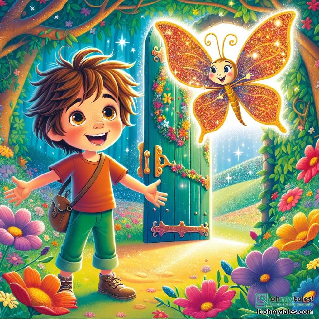 Un ragazzino di 4 anni, Leo, con i capelli castani in disordine e occhi pieni di curiosità, si trova davanti a una porta magica nascosta tra fiori colorati. Ha un grande sorriso sul volto, le braccia aperte, pronto a entrare in un mondo di avventure. Accanto a lui, una piccola farfalla dorata di nome Stella, con ali scintillanti e un volto amichevole, vola gioiosamente nell'aria, incoraggiando Leo a varcare la porta. Il luogo è un giardino incantevole, pieno di fiori brillanti di tutti i colori, grandi alberi con foglie lucenti e una luce soffusa che filtra tra i rami. La porta magica è decorata con motivi scintillanti e sembra vibrare di energia. La scena principale mostra Leo, meravigliato, che guarda la porta che si apre lentamente, mentre Stella lo invita a entrare in questo mondo fantastico, dove gli alberi cantano e i fiori danzano attorno a loro.