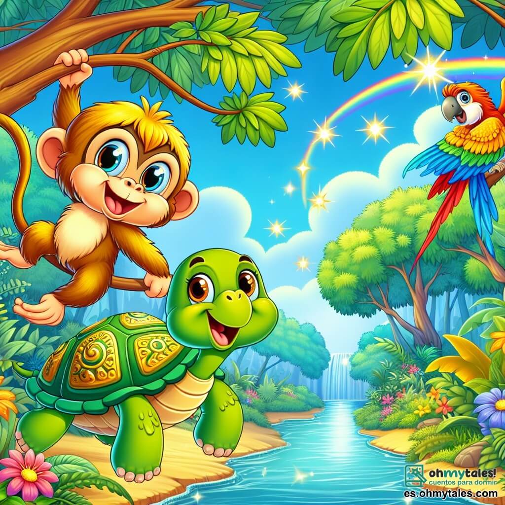 Un pequeño mono llamado Max, con un pelaje dorado brillante y ojos llenos de curiosidad, se balancea alegremente de una rama a otra en la jungla exuberante. Son sonrisa amplia refleja emoción y aventura. A su lado, una tortuga sabia llamada Lila, con un caparazón verde decorado con patrones dorados, lo observa con benevolencia, sentada en una piedra, lista para animar a su amigo. Un loro colorido, Coco, con plumas brillantes de rojo, azul y amarillo, vuela a su alrededor, cantando alegremente y añadiendo un toque de magia a la escena. El entorno es una jungla vibrante, con árboles majestuosos de hojas verdes brillantes, flores multicolores floreciendo bajo el sol y un cielo azul salpicado de nubes blancas esponjosas. A lo lejos, un arroyo brilla, añadiendo una melodía suave a la atmósfera. La situación principal muestra a Max y sus amigos preparándose para entrar en el misterioso Valle de las Estrellas, un lugar mágico donde las estrellas brillan intensamente, iluminando el camino frente a ellos, mientras están juntos, unidos por la emoción y la amistad.