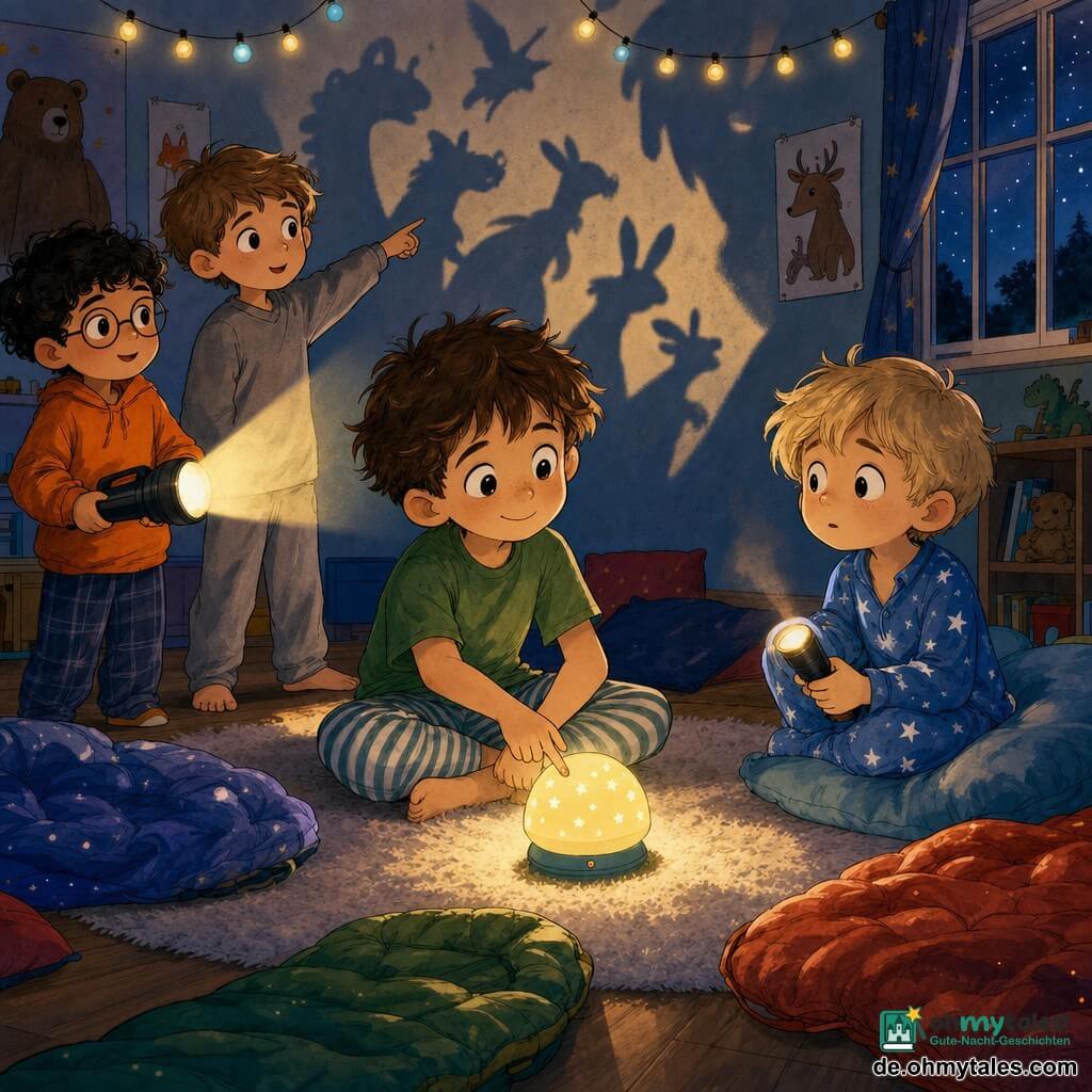 Vier Jungen in einem Kinderzimmer bei Nacht: Paul (~6, blond, große besorgte Augen) sitzt rechts auf einem großen Kissen im blauen Sternenpyjama und zündet eine kleine Taschenlampe an; Max (~7, braun, lächelnd) sitzt mittig auf einem Teppich im grünen T‑Shirt und gestreiften Pyjamahose und schaltet eine warme Nachtlampe ein; Noah (~6, schwarze Locken, runde Brille) steht links hinter den Freunden im orangen Sweatshirt und hält eine große Taschenlampe mit schmalem Strahl; Ben (~8, hellbraun, beruhigendes Gesicht) steht leicht hinten links im grauen Pyjama und deutet auf Schatten an der Wand. Ort: hellholzboden, weicher Teppich, bunte Kissen, aufgeschlagene Schlafsäcke, Lichterkette an der Decke, Tierposter an den texturierten Wänden, halbgeöffnetes Fenster mit sichtbaren Sternen. Szene: die Jungen um kleine Leuchten, gelb-weiße Strahlen werfen große tanzende Schatten an die Wand, warme, beruhigende Stimmung mit sanftem Kontrast zwischen bläulicher Dunkelheit und Lichtflecken, neugierige und erleichterte Mienen.
